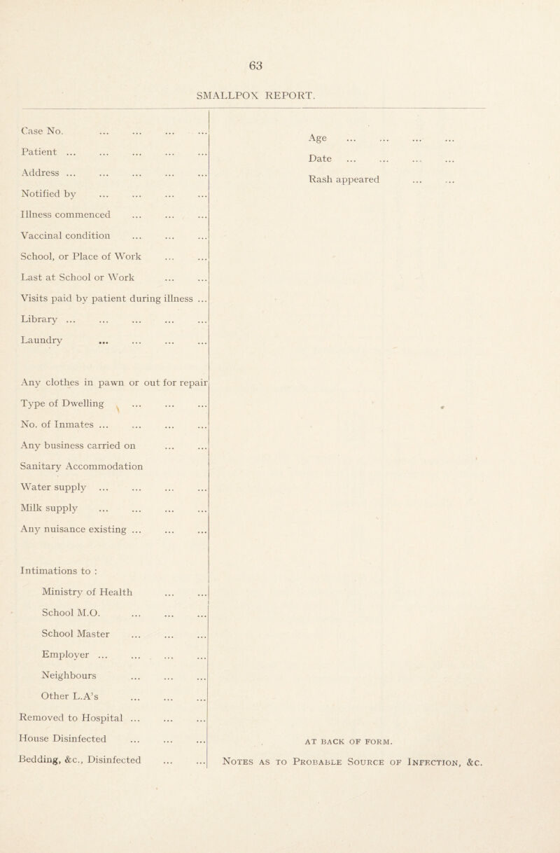 SMALLPOX REPORT. Case No. Patient ... Address ... Notified by Illness commenced Vaccinal condition School, or Place of Work Last at School or Work Visits paid by patient during illness .. Library ... Laundry Age Dade Rash appeared Any clothes in pawn or out for repair Type of Dwelling No. of Inmates ... Any business carried on Sanitary Accommodation Water supply Milk supply Any nuisance existing ... Intimations to : Ministry of Health School M.O. School Master Employer ... Neighbours Other L.A’s Removed to Hospital ... House Disinfected Bedding, &c., Disinfected AT BACK OF FORM. Notes as to Probable Source of Infection, &c.