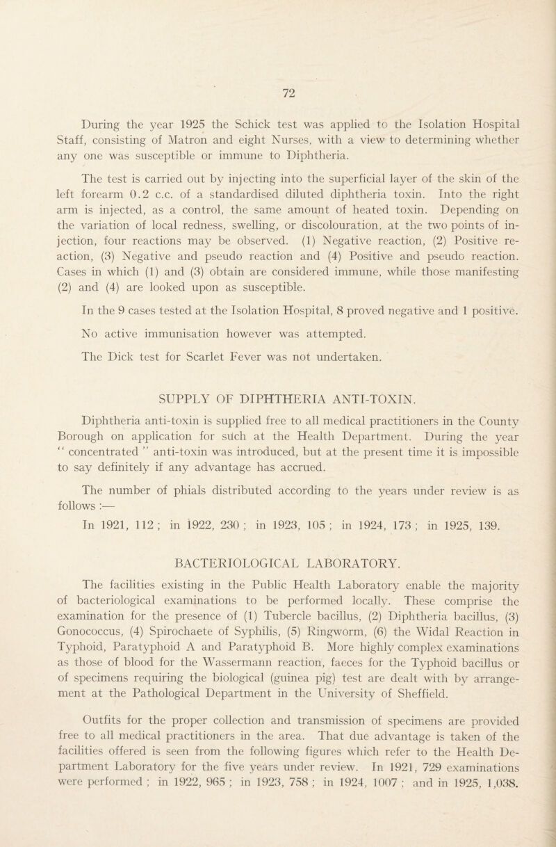 During the year 1925 the Schick test was applied to the Isolation Hospital Staff, consisting of Matron and eight Nurses, with a view to determining whether any one was susceptible or immune to Diphtheria. The test is carried out by injecting into the superficial layer of the skin of the left forearm 0.2 c.c. of a standardised diluted diphtheria toxin. Into the right arm is injected, as a control, the same amount of heated toxin. Depending on the variation of local redness, swelling, or discolouration, at the two points of in¬ jection, four reactions may be observed. (1) Negative reaction, (2) Positive re¬ action, (3) Negative and pseudo reaction and (4) Positive and pseudo reaction. Cases in which (1) and (3) obtain are considered immune, while those manifesting (2) and (4) are looked upon as susceptible. In the 9 cases tested at the Isolation Hospital, 8 proved negative and 1 positive. No active immunisation however was attempted. The Dick test for Scarlet Fever was not undertaken. SUPPLY OF DIPHTHERIA ANTI-TOXIN. Diphtheria anti-toxin is supplied free to all medical practitioners in the County Borough on application for such at the Health Department. During the year “ concentrated ” anti-toxin was introduced, but at the present time it is impossible to say definitely if any advantage has accrued. The number of phials distributed according to the years under review is as follows :■— In 1921, 112; in 1922, 230; in 1923, 105; in 1924, 173; in 1925, 139. BACTERIOLOGICAL LABORATORY. The facilities existing in the Public Health Laboratory enable the majority of bacteriological examinations to be performed locally. These comprise the examination for the presence of (1) Tubercle bacillus, (2) Diphtheria bacillus, (3) Gonococcus, (4) Spirochaete of Syphilis, (5) Ringworm, (6) the Widal Reaction in Typhoid, Paratyphoid A and Paratyphoid B. More highly complex examinations as those of blood for the Wassermann reaction, faeces for the Typhoid bacillus or of specimens requiring the biological (guinea pig) test are dealt with by arrange¬ ment at the Pathological Department in the University of Sheffield. Outfits for the proper collection and transmission of specimens are provided free to all medical practitioners in the area. That due advantage is taken of the facilities offered is seen from the following figures which refer to the Health De¬ partment Laboratory for the five years under review. In 1921, 729 examinations were performed ; in 1922, 965 ; in 1923, 758 ; in 1924, 1007 ; and in 1925, 1,038.