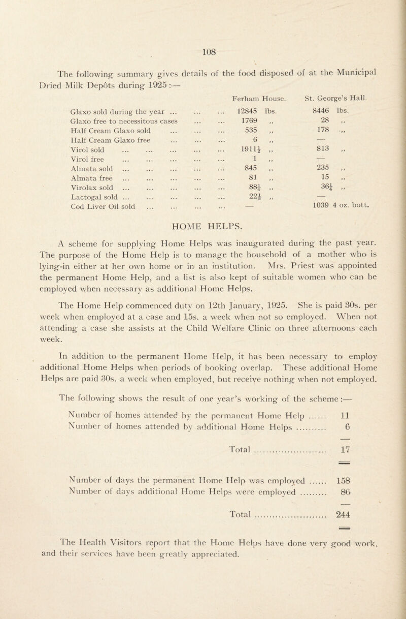 The following- summary gives details of the food disposed of at the Municipal Dried Milk Depots during 1925 :— Glaxo sold during the year ... Glaxo free to necessitous cases Half Cream Glaxo sold Half Cream Glaxo free Virol sold Virol free Almata sold Almata free Virolax sold Lactogal sold ... Cod Liver Oil sold Ferham House. St. George’s Hall. 12845 lbs. 8446 1769 y y 28 535 y y 178 6 y y — 1911T y y 813 1 y y -— 845 y y 235 81 y y 15 88J yy 361 22i y y 1039 ■ HOME HELPS. A scheme for supplying Home Flelps was inaugurated during the past year. The purpose of the Home Help is to manage the household of a mother who' is lying-in either at her own home or in an institution. Mrs. Priest was appointed the permanent Home Help, and a list is also kept of suitable women who can be employed when necessary as additional Home Helps. The Home Help commenced duty on 12th January, 1925. She is paid 30s. per week when employed at a case and 15s. a week when not so employed. When not attending a case she assists at the Child Welfare Clinic on three afternoons each week. In addition to> the permanent Home Help, it has been necessary to employ additional Home Helps when periods of booking overlap. These additional Home Helps are paid 30s. a week when employed, but receive nothing when not employed. The following shows the result of one vear’s working of the scheme :— Number of homes attended by the permanent Home Help . 11 Number of homes attended by additional Home Helps . 6 Total . 17 Number of days the permanent Home Help was employed . 158 Number of days additional Home Helps were employed . 86 Total . 244 The Health Visitors report that the Home Helps have done very good work, and their services have been greatly appreciated.