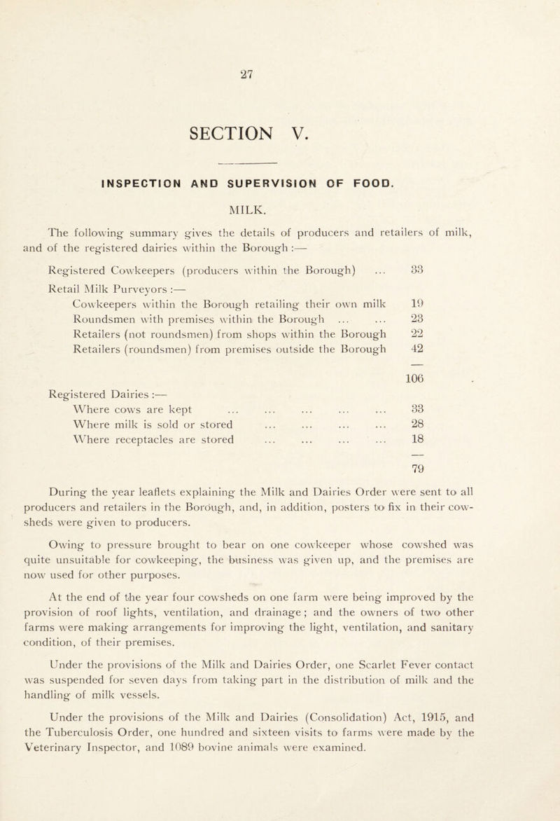 SECTION V. INSPECTION AND SUPERVISION OF FOOD. MILK. The following' summary gives the details of producers and retailers of milk, and of the registered dairies within the Borough :— Registered Cowkeepers (producers within the Borough) ... 33 Retail Milk Purveyors :— Cowkeepers within the Borough retailing their own milk 19 Roundsmen with premises within the Borough ... ... 23 Retailers (not roundsmen) from shops within the Borough 22 Retailers (roundsmen) from premises outside the Borough 42 106 Registered Dairies :— Where cows are kept ... ... ... ... ... 33 Where milk is sold or stored ... ... ... ... 28 Where receptacles are stored ... ... ... ... 18 79 During the year leaflets explaining the Milk and Dairies Order were sent toi all producers and retailers in the Borough, and, in addition, posters tO' fix in their cow¬ sheds were given tO' producers. Owing to pressure brought to bear on one cowkeeper whose cowshed was quite unsuitable for cowkeeping, the business was given up, and the premises are now used for other purposes. At the end of tfie year four cowsheds on one farm were being improved by the provision of roof lights, ventilation, and drainage; and the owners of two other farms were making arrangements for improving the light, ventilation, and sanitary condition, of their premises. Under the provisions of the Milk and Dairies Order, one Scarlet Fever contact was suspended for seven days from taking part in the distribution of milk and the handling of milk vessels. Under the provisions of the Milk and Dairies (Consolidation) Act, 1915, and the Tuberculosis Order, one hundred and sixteen visits to farms were made by the Veterinary Inspector, and 1089 bovine animals were examined.