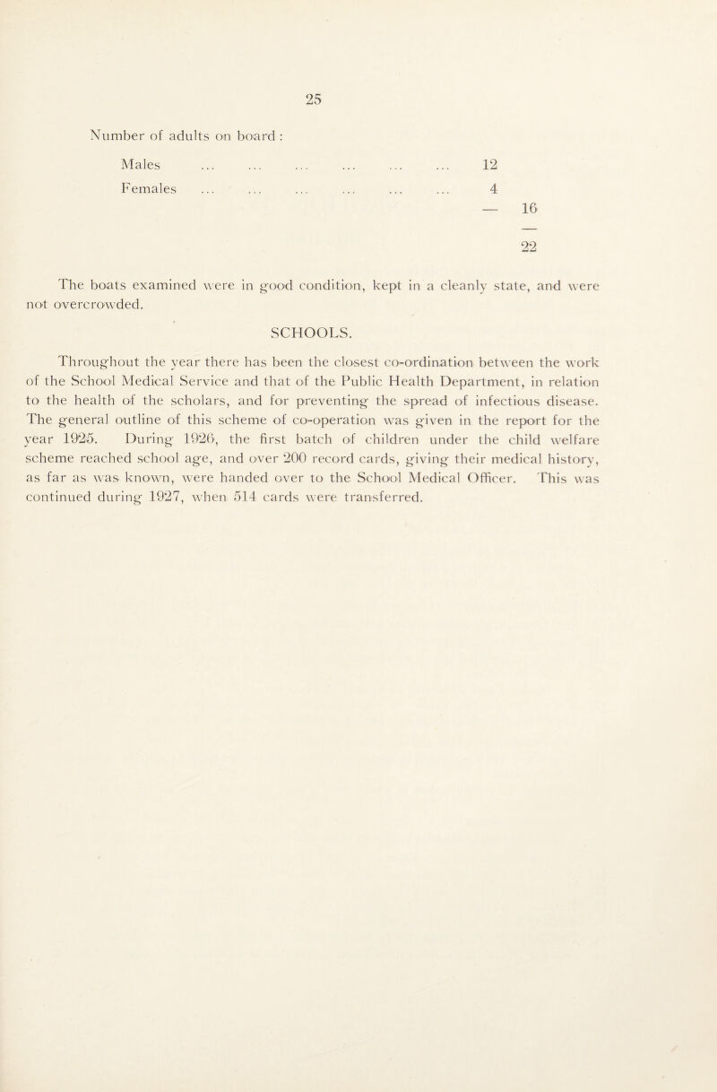 Number of adults on board : Males ... ... ... ... ... ... 12 Females ... ... ... ... ... ... 4 — 16 22 The boats examined were in good condition, kept in a cleanly state, and were not overcrowded. SCHOOLS. Throughout the year there has been the closest co-ordination between the work of the School Medical Service and that of the Public Health Department, in relation to1 the health of the scholars, and for preventing the spread of infectious disease. The general outline of this scheme of co-operation was given in the report for the year 1925. During 1926, the first batch of children under the child welfare scheme reached school age, and over 200 record cards, giving their medical history, as far as was known, were handed over to the School Medical Officer. This was continued during 1927, when 514 cards were transferred.