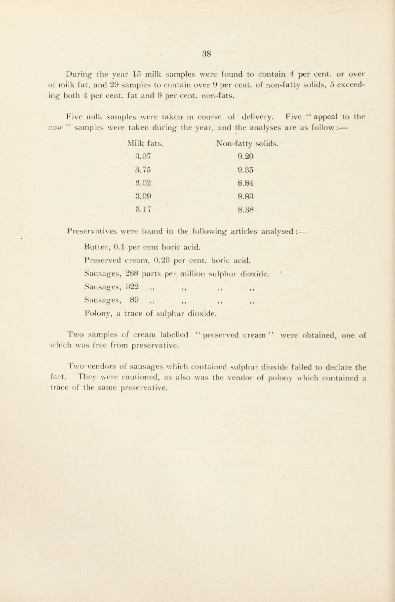 During- the year 15 milk samples were found to contain 4 per cent, on over of milk fat, and 29 samples to contain over 9 per cent, of non-fattv solids, 5 exceed¬ ing both 4 per cent, fat and 9 per cent, non-fats. Five milk samples were taken in course of delivery. Five “ appeal to the cow ” samples were taken during the year, and the analyses are as follow:— Milk fats. 3.07 3.75 3.02 3,09 3.17 Non-fatty solids. 9.20 9.35 8.84 8.83 8.38 Preservatives were found in the following articles analysed :— Butter, 0.1 per cent boric acid. Preserved cream, 0.29 per cent, boric acid. Sausages, 288 parts per million sulphur dioxide. Sausages, 322 ,, ,, ,, ,, Sausages, 89 ,, Polony, a trace of sulphur dioxide. Two samples of cream labelled “ preserved cream ” were obtained, one of which was free from preservative. Twowendors of sausages which contained sulphur dioxide failed to declare the fact. J hey were cautioned, as also was the vendor of polony which contained a trace of the same preservative.