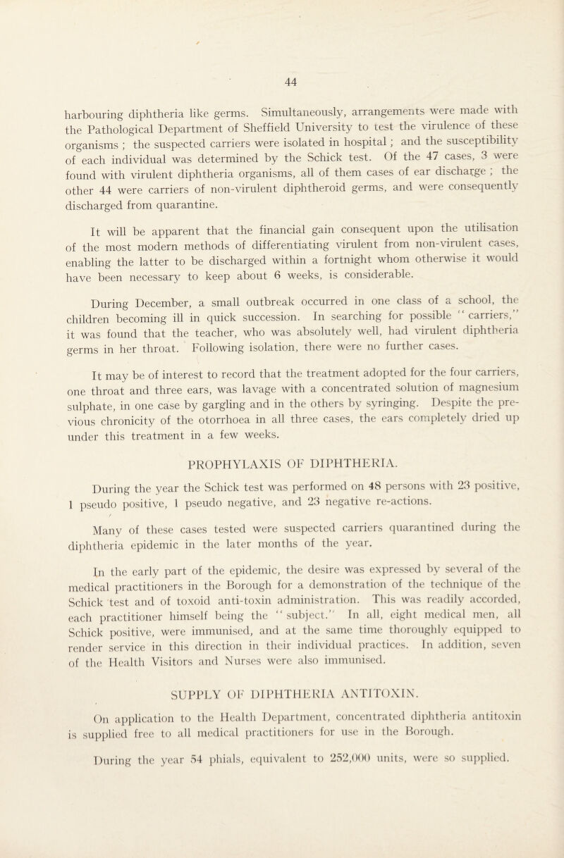 harbouring diphtheria like germs. Simultaneously, arrangements were made with the Pathological Department of Sheffield University to test the virulence of these organisms ; the suspected carriers were isolated in hospital; and the susceptibility of each individual was determined by the Schick test. Of the 47 cases, 3 were found with virulent diphtheria organisms, all of them cases of ear discharge ; the other 44 were carriers of non-virulent diphtheroid germs, and were consequently discharged from quarantine. It will be apparent that the financial gain consequent upon the utilisation of the most modern methods of differentiating virulent from non-virulent cases, enabling the latter to be discharged within a fortnight whom otherwise it would have been necessary to keep about 6 weeks, is considerable. During December, a small outbreak occurred in one class of a school, the children becoming ill in quick succession. In searching for possible “ carriers,” it was found that the teacher, who was absolutely well, had virulent diphtheria germs in her throat. Following isolation, there were no furthei cases. It may be of interest to record that the treatment adopted for the four carriers, one throat and three ears, was lavage with a concentrated solution of magnesium sulphate, in one case by gargling and in the others by syringing. Despite the pre¬ vious chronicity of the otorrhoea in all three cases, the ears completely dried up under this treatment in a few weeks. PROPHYLAXIS OF DIPHTHERIA. During the year the Schick test was performed on 48 persons with 23 positive, 1 pseudo positive, 1 pseudo negative, and 23 negative re-actions. Many of these cases tested were suspected carriers quarantined during the diphtheria epidemic in the later months of the year. In the early part of the epidemic, the desire was expressed by several of the medical practitioners in the Borough for a demonstration of the technique of the Schick test and of toxoid anti-toxin administration. This was readily accorded, each practitioner himself being the “subject. In all, eight medical men, all Schick positive, were immunised, and at the same time thoroughly equipped to render service in this direction in their individual practices. In addition, seven of the Health Visitors and Nurses were also immunised. SUPPLY OF DIPHTHERIA ANTITOXIN. On application to the Health Department, concentrated diphtheria antitoxin is supplied free to all medical practitioners for use in the Borough. During the year 54 phials, equivalent to 252,000 units, were so supplied.
