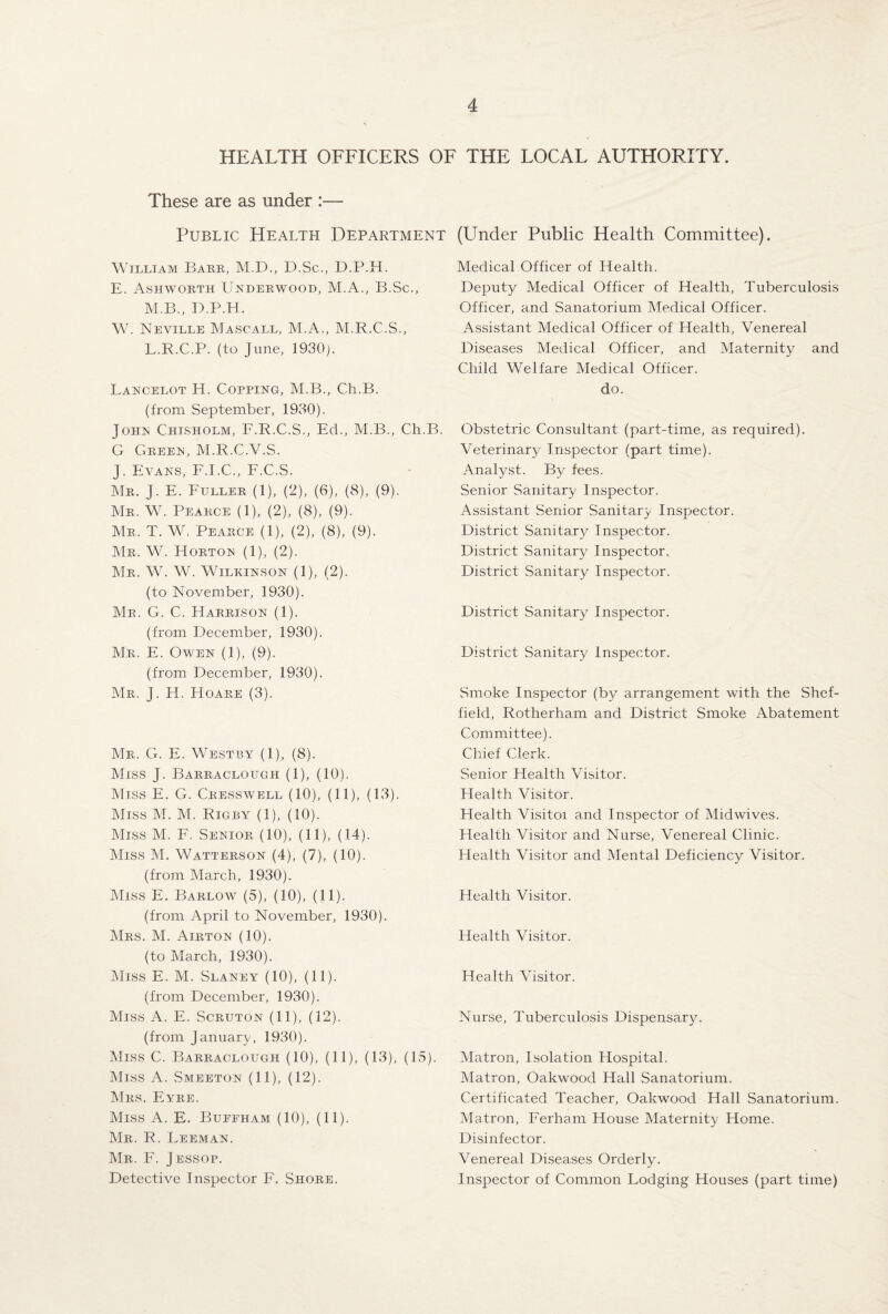 HEALTH OFFICERS OF THE LOCAL AUTHORITY. These are as under :— Public Health Department (Under Public Health Committee). Medical Officer of Health. Deputy Medical Officer of Health, Tuberculosis Officer, and Sanatorium Medical Officer. Assistant Medical Officer of Health, Venereal Diseases Medical Officer, and Maternity and Child Welfare Medical Officer. do. William Babe, M.D., D.Sc., D.P.H. E. Ashworth Underwood, M.A., B.Sc., M.B., D.P.H. W. Neville Mascall, M.A., M.R.C.S., L.R.C.P. (to June, 1930). Lancelot H. Copping, M.B., Ch.B. (from September, 1930). John Chisholm, F.R.C.S., Ed., M.B., Ch.B. G Geeen, M.R.C.V.S. J. Evans, F.I.C., F.C.S. Mb. J. E. Fulleb (1), (2), (6), (8), (9). Mb. W. Peabce (1), (2), (8), (9). Mb. T. W. Peabce (1), (2), (8), (9). Mb. W. Hobton (1), (2). Mb. W. W. Wilkinson (1), (2). (to November, 1930). Mb. G. C. Habbison (1). (from December, 1930). Mb. E. Owen (1), (9). (from December, 1930). Mb. J. H. Hoabe (3). Mb. G. E. Westby (1), (8). Miss J. Babbaclough (1), (10). Miss E. G. Ckesswell (10), (11), (13). Miss M. M. Rigby (1), (10). Miss M. F. Seniob (10), (11), (14). Miss M. Wattebson (4), (7), (10). (from March, 1930). Miss E. Bablow (5), (10), (11). (from April to November, 1930). Mbs. M. Aibton (10). (to March, 1930). Miss E. M. Slaney (10), (11). (from December, 1930). Miss A. E. Scbuton (11), (12). (from January, 1930). Miss C. Babbaclough (10), (11), (13), (15). Miss A. Smeeton (11), (12). Mbs. Eybe. Miss A. E. Bueeham (10), (11). Mb. R. Leeman. Mb. F. Jessop. Detective Inspector F. Shobe. Obstetric Consultant (part-time, as required). Veterinary Inspector (part time). Analyst. By fees. Senior Sanitary Inspector. Assistant Senior Sanitary Inspector. District Sanitary Inspector. District Sanitary Inspector. District Sanitary Inspector. District Sanitary Inspector. District Sanitary Inspector. Smoke Inspector (by arrangement with the Shef¬ field, Rotherham and District Smoke Abatement Committee). Chief Clerk. Senior Health Visitor. Health Visitor. Health Visitoi and Inspector of Midwives. Health Visitor and Nurse, Venereal Clinic. Health Visitor and Mental Deficiency Visitor. Health Visitor. Health Visitor. Health Visitor. Nurse, Tuberculosis Dispensary. Matron, Isolation Hospital. Matron, Oakwood Hall Sanatorium. Certificated Teacher, Oakwood Hall Sanatorium. Matron, Ferham House Maternity Home. Disinfector. Venereal Diseases Orderly. Inspector of Common Lodging Houses (part time)