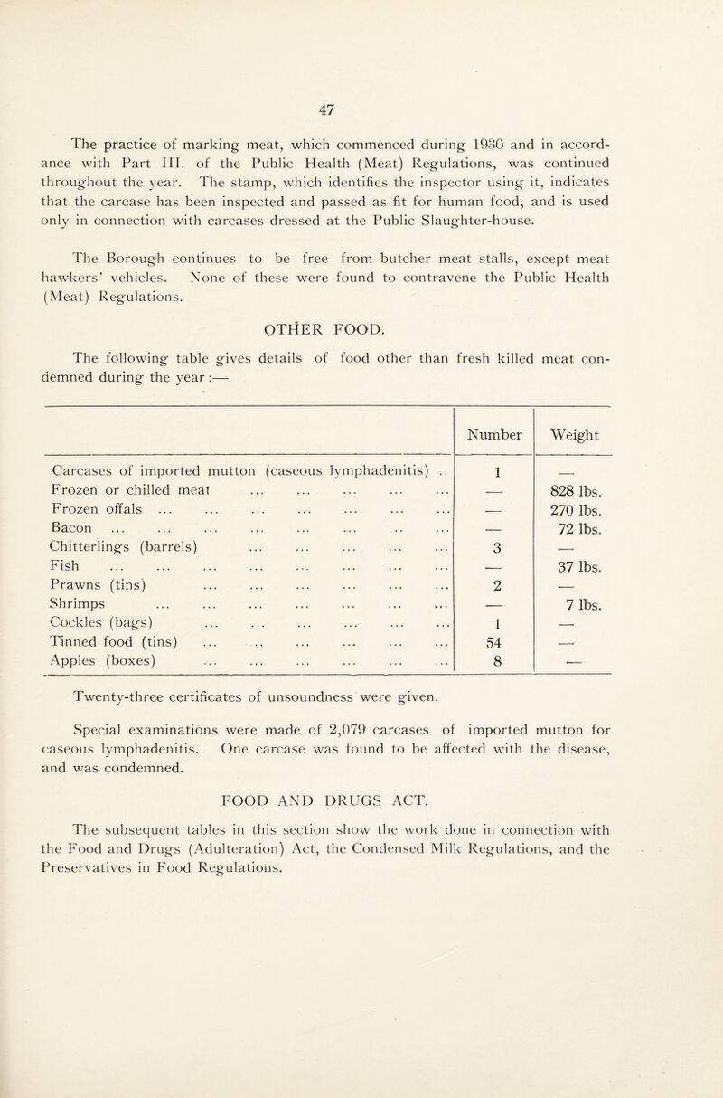 The practice of marking meat, which commenced during 1930 and in accord¬ ance with Part III. of the Public Health (Meat) Regulations, was continued throughout the year. The stamp, which identifies the inspector using it, indicates that the carcase has been inspected and passed as fit for human food, and is used only in connection with carcases dressed at the Public Slaughter-house. The Borough continues to be free from butcher meat stalls, except meat hawkers’ vehicles. None of these were found to contravene the Public Health (Meat) Regulations. OTriER food. The following table gives details of food other than fresh killed meat con¬ demned during the year :— Carcases of imported mutton (caseous lymphadenitis) .. Frozen or chilled meat Frozen offals Bacon Chitterlings (barrels) Fish Prawns (tins) Shrimps Cockles (bags) Tinned food (tins) Apples (boxes) Number Weight 1 828 lbs. ■— 270 lbs. —— 72 lbs. 3 ■- -—• 37 lbs. 2 — 1 54 7 lbs. --. 8 —_ Twenty-three certificates of unsoundness were given. Special examinations were made of 2,079 carcases of imported mutton for caseous lymphadenitis. One carcase was found to be affected with the disease, and was condemned. FOOD AND DRUGS ACT. The subsequent tables in this section show the work done in connection with the Food and Drugs (Adulteration) Act, the Condensed Milk Regulations, and the Preservatives in Food Regulations.