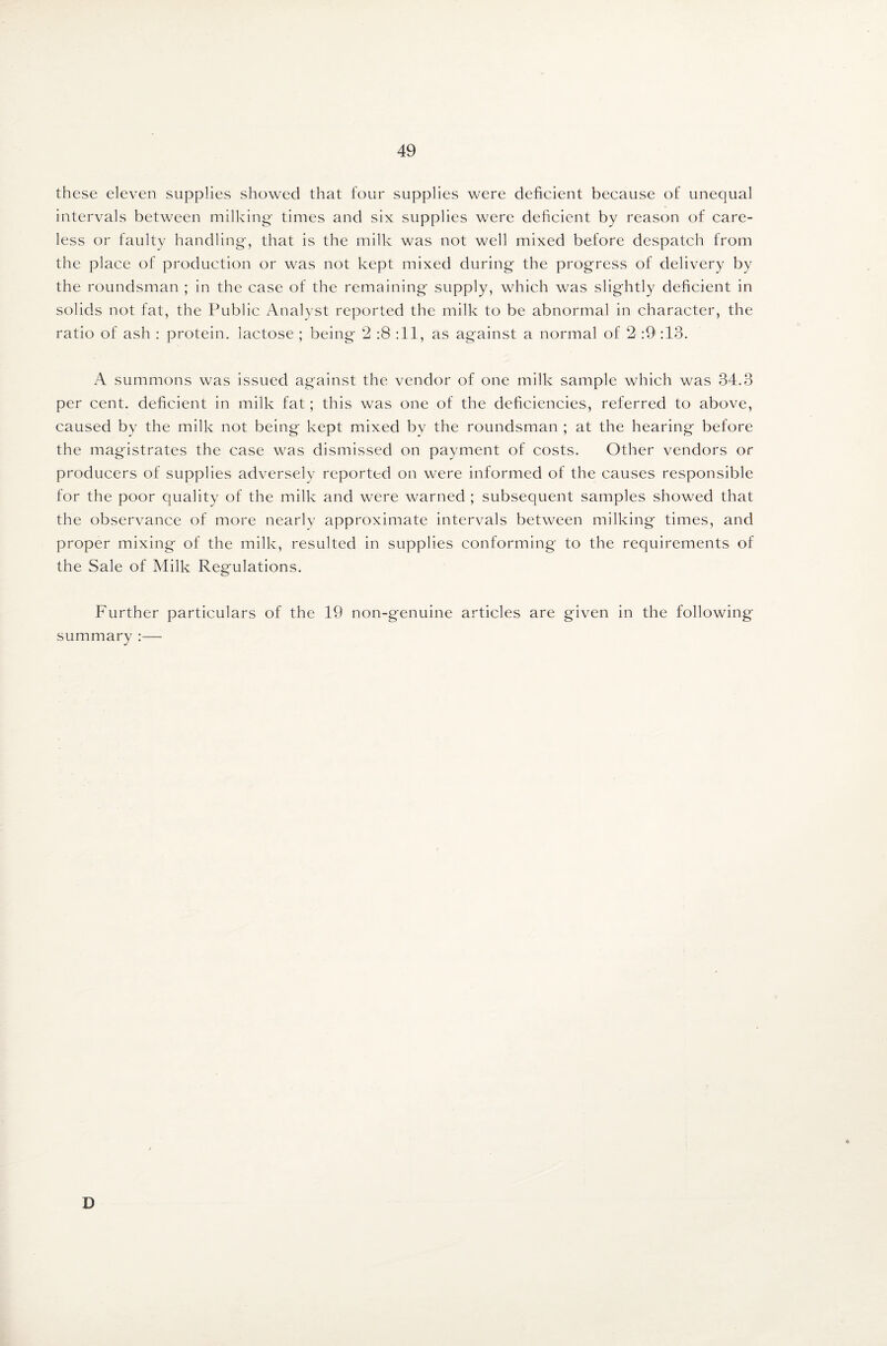 these eleven supplies showed that four supplies were deficient because of unequal intervals between milking- times and six supplies were deficient by reason of care¬ less or faulty handling-, that is the milk was not well mixed before despatch from the place of production or was not kept mixed during the progress of delivery by the roundsman ; in the case of the remaining supply, which was slightly deficient in solids not fat, the Public Analyst reported the milk to be abnormal in character, the ratio of ash : protein, lactose ; being 2 :8 :11, as against a normal of 2 :9:IB. A summons was issued against the vendor of one milk sample which was 34.3 per cent, deficient in milk fat; this was one of the deficiencies, referred to above, caused by the milk not being kept mixed by the roundsman ; at the hearing before the magistrates the case was dismissed on payment of costs. Other vendors or producers of supplies adversely reported on were informed of the causes responsible for the poor quality of the milk and were warned ; subsequent samples showed that the observance of more nearly approximate intervals between milking times, and proper mixing of the milk, resulted in supplies conforming to the requirements of the Sale of Milk Regulations. Further particulars of the 19 non-genuine articles are given in the following summary :— D