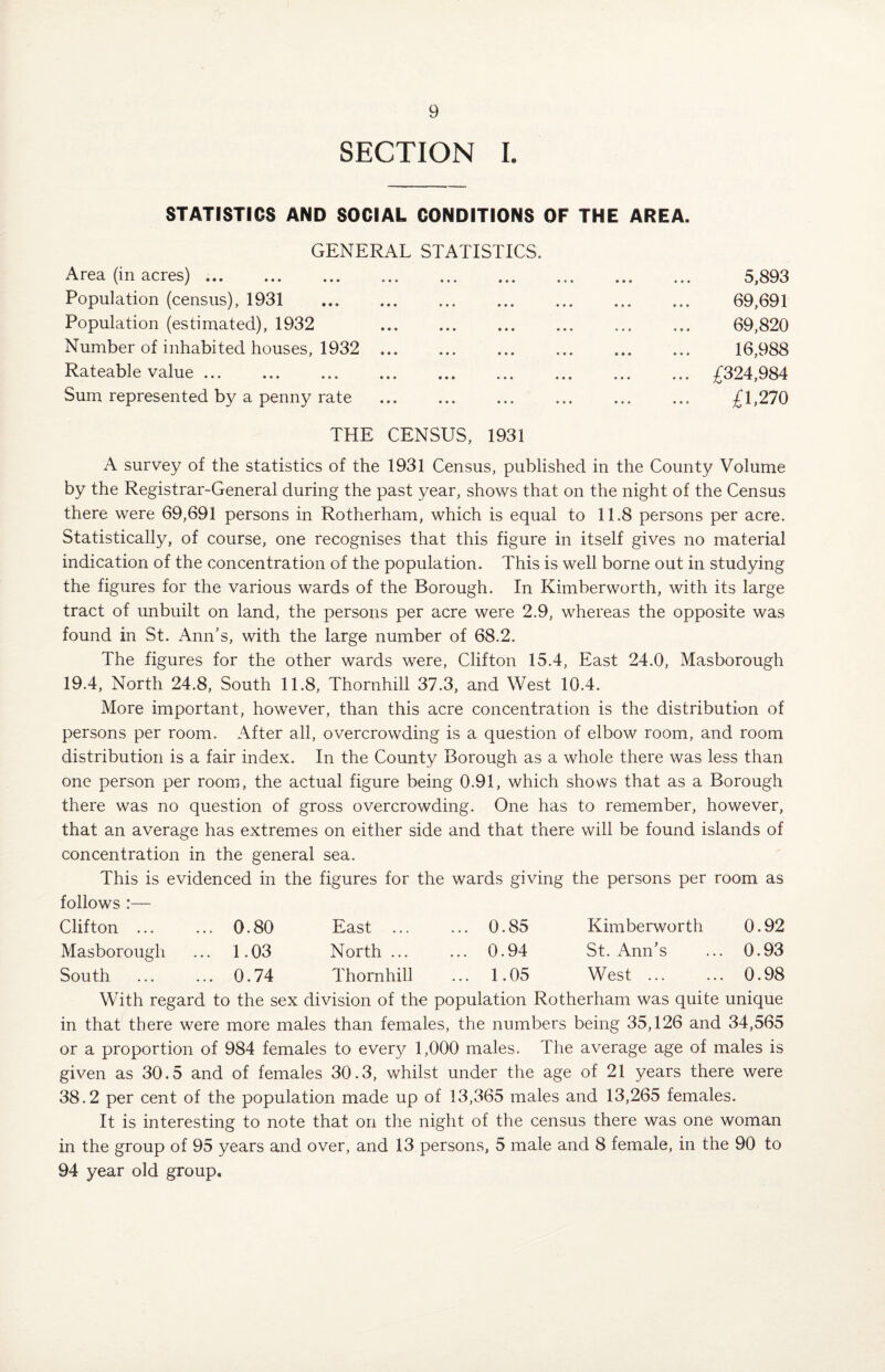 SECTION I. STATISTICS AND SOCIAL CONDITIONS OF THE AREA. GENERAL STATISTICS. Area (in acres). 5,893 Population (census), 1931 69,691 Population (estimated), 1932 ... . 69,820 Number of inhabited houses, 1932 16,988 Rateable value. £324,984 Sum represented by a penny rate ... ... ... ... ... ... £1,270 THE CENSUS, 1931 A survey of the statistics of the 1931 Census, published in the County Volume by the Registrar-General during the past year, shows that on the night of the Census there were 69,691 persons in Rotherham, which is equal to 11.8 persons per acre. Statistically, of course, one recognises that this figure in itself gives no material indication of the concentration of the population. This is well borne out in studying the figures for the various wards of the Borough. In Kimberworth, with its large tract of unbuilt on land, the persons per acre were 2.9, whereas the opposite was found in St. Ann’s, with the large number of 68.2. The figures for the other wards were, Clifton 15.4, East 24.0, Masborough 19.4, North 24.8, South 11.8, Thornhill 37.3, and West 10.4. More important, however, than this acre concentration is the distribution of persons per room. After all, overcrowding is a question of elbow room, and room distribution is a fair index. In the County Borough as a whole there was less than one person per room, the actual figure being 0.91, which shows that as a Borough there was no question of gross overcrowding. One has to remember, however, that an average has extremes on either side and that there will be found islands of concentration in the general sea. This is evidenced in the figures for the wards giving the persons per room as follows :—- Clifton ... ... 0.80 East ... ... 0.85 Kimberworth 0.92 Masborough ... 1.03 North ... ... 0.94 St. Ann’s 0.93 South ... 0.74 Thornhill 1.05 West ... 0.98 With regard to the sex division of the population Rotherham was quite unique in that there were more males than females, the numbers being 35,126 and 34,565 or a proportion of 984 females to every 1,000 males. The average age of males is given as 30.5 and of females 30.3, whilst under the age of 21 years there were 38.2 per cent of the population made up of 13,365 males and 13,265 females. It is interesting to note that on the night of the census there was one woman in the group of 95 years and over, and 13 persons, 5 male and 8 female, in the 90 to 94 year old group.