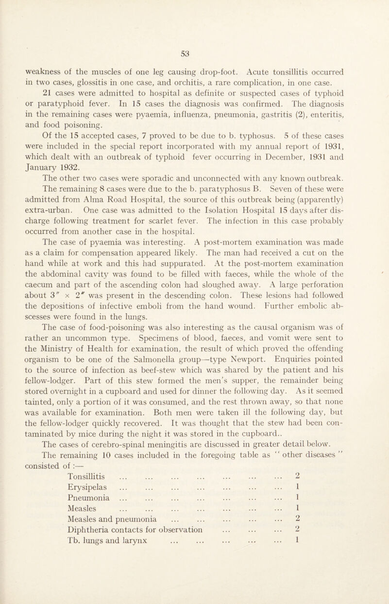 weakness of the muscles of one leg causing drop-foot. Acute tonsillitis occurred in two cases, glossitis in one case, and orchitis, a rare complication, in one case. 21 cases were admitted to hospital as definite or suspected cases of typhoid or paratyphoid fever. In 15 cases the diagnosis was confirmed. The diagnosis in the remaining cases were pyaemia, influenza, pneumonia, gastritis (2), enteritis, and food poisoning. Of the 15 accepted cases, 7 proved to be due to b. typhosus. 5 of these cases were included in the special report incorporated with my annual report of 1931, which dealt with an outbreak of typhoid fever occurring in December, 1931 and January 1932. The other two cases were sporadic and unconnected with any known outbreak. The remaining 8 cases were due to the b. paratyphosus B. Seven of these were admitted from Alma Road Hospital, the source of this outbreak being (apparently) extra-urban. One case was admitted to the Isolation Hospital 15 days after dis¬ charge following treatment for scarlet fever. The infection in this case probably occurred from another case in the hospital. The case of pyaemia was interesting. A post-mortem examination was made as a claim for compensation appeared likely. The man had received a cut on the hand while at work and this had suppurated. At the post-mortem examination the abdominal cavity was found to be filled with faeces, while the whole of the caecum and part of the ascending colon had sloughed away. A large perforation about 3 x 2 was present in the descending colon. These lesions had followed the depositions of infective emboli from the hand wound. Further embolic ab¬ scesses were found in the lungs. The case of food-poisoning was also interesting as the causal organism was of rather an uncommon type. Specimens of blood, faeces, and vomit were sent to the Ministry of Health for examination, the result of which proved the offending organism to be one of the Salmonella group—type Newport. Enquiries pointed to the source of infection as beef-stew which was shared by the patient and his fellow-lodger. Part of this stew formed the men’s supper, the remainder being stored overnight in a cupboard and used for dinner the following day. As it seemed tainted, only a portion of it was consumed, and the rest thrown away, so that none was available for examination. Both men were taken ill the following day, but the fellow-lodger quickly recovered. It was thought that the stew had been con¬ taminated by mice during the night it was stored in the cupboard.. The cases of cerebro-spinal meningitis are discussed in greater detail below. The remaining 10 cases included in the foregoing table as other diseases ” consisted of:— Tonsillitis ... ... ... ... ... ... ... 2 Erysipelas ... ... ... ... ... ... ... 1 Pneumonia ... ... ... ... ... ... ... 1 Measles ... ... ... ... ... ... • • • 1 Measles and pneumonia ... ... ... ... ... 2 Diphtheria contacts for observation ... ... ... 2 Tb. lungs and larynx ... ... ... ... ... 1