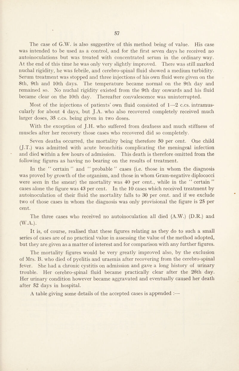 The case of G.W. is also suggestive of this method being of value. His case was intended to be used as a control, and for the first seven days he received no autoinoculations but was treated with concentrated serum in the ordinary way. At the end of this time he was only very slightly improved. There was still marked nuchal rigidity, he was febrile, and cerebro-spinal fluid showed a medium turbidity. Serum treatment was stopped and three injections of his own fluid were given on the 8th, 9th and 10th days. The temperature became normal on the 9th day and remained so. No nuchal rigidity existed from the 9th day onwards and his fluid became clear on the 10th day. Thereafter convalescence was uninterrupted. Most of the injections of patients’ own fluid consisted of 1—2 c.cs. intramus¬ cularly for about 4 days, but J.A. who also recovered completely received much larger doses, 35 c.cs. being given in two doses. With the exception of J.H. who suffered from deafness and much stiffness of muscles after her recovery those cases who recovered did so completely. Seven deaths occurred, the mortality being therefore 50 per cent. One child (J.T.) was admitted with acute bronchitis complicating the meningeal infection and died within a few hours of admission. This death is therefore omitted from the following figures as having no bearing on the results of treatment. In the  certain ” and probable ” cases (i.e. those in whom the diagnosis was proved by growth of the organism, and those in whom Gram-negative diplococci were seen in the smear) the mortality was 40 per cent., while in the “ certain ” cases alone the figure was 43 per cent. In the 10 cases which received treatment by autoinoculation of their fluid the mortality falls to 30 per cent, and if we exclude two of those cases in whom the diagnosis was only provisional the figure is 25 per cent. The three cases who received no autoinoculation all died (A.W.) (D.R.) and (W.A.). It is, of course, realised that these figures relating as they do to such a small series of cases are of no practical value in assessing the value of the method adopted, but they are given as a matter of interest and for comparison with any further figures. The mortality figures would be very greatly improved also, by the exclusion of Mrs. B. who died of pyelitis and uraemia after recovering from the cerebro-spinal fever. She had a chronic cystitis on admission and gave a long history of urinary trouble. Her cerebro-spinal fluid became practically clear after the 26th day. Her urinary condition however became aggravated and eventually caused her death after 52 days in hospital. A table giving some details of the accepted cases is appended :—•