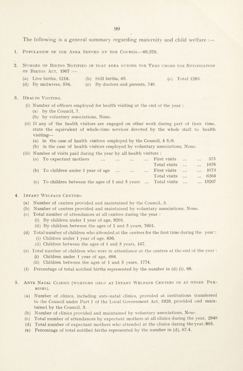 The following is a general summary regarding maternity and child welfare :— 1. Population of the Area Served by the Council—69,370. 2. Number of Births Notified in that area during the Year under the Notification of Births Act, 1907 :— (a) Live births, 1218. (b) Still births, 65. (c) Total 1283. (d) By midwives, 534. (e) By doctors and parents, 749. 3. Health Visiting. (i) Number of officers employed for health visiting at the end of the year : (a) by the Council, 7. (bj by voluntary associations, None. (ii) If any of the health visitors are engaged on other work during part of their time, state the equivalent of whole-time services devoted by the whole staff to health visiting— (a) in the case of health visitors employed by the Council, 4 5/6. (b) in the case of health visitors employed by voluntary associations. None. (hi) Number of visits paid during the year by all health (a) To expectant mothers (b) To children under 1 year of age (c) To children between the ages of 1 and 5 years visitors : First visits 575 Total visits ... 1078 First visits ... 1073 Total visits ... 6264 Total visits ... 13207 4. Infant Welfare Centres. (a) Number of centres provided and maintained by the Council, 3. (b) Number of centres provided and maintained by voluntary associations, None. (c) Total number of attendances at all centres during the year : (i) By children under 1 year of age, 9201. (ii) By children between the ages of 1 and 5 years, 7601. (d) Total number of children who attended at the centres for the first time during the year : (i) Children under 1 year of age, 830. (ii) Children between the ages of 1 and 5 years, 167. (e) Total number of children who were in attendance at the centres at the end of the year : (i) Children under 1 year of age, 694. (ii) Children between the ages of 1 and 5 }?ears, 1774. (f) Percentage of total notified births represented by the number in (d) (i), 68. 5. Ante Natal Clinics (whether held at Infant Welfare Centres or at other Pre¬ mises). (a) Number of clinics, including ante-natal clinics, provided at institutions transferred to the Council under Part I of the Local Government Act, 1929, provided and main¬ tained by the Council, 3. (b) Number of clinics provided and maintained by voluntary associations. None. (c) Total number of attendances by expectant mothers at all clinics during the year, 2948 (d) Total number of expectant mothers who attended at the clinics during the year, 865. (e) Percentage of total notified births represented by the number in (d), 67.4,