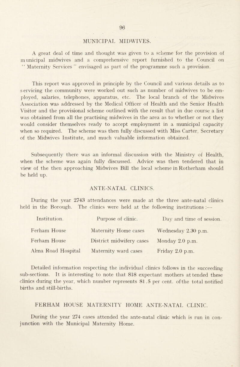 MUNICIPAL MIDWIVES. A great deal of time and thought was given to a scheme for the provision of municipal midwives and a comprehensive report furnished to the Council on “ Maternity Services ” envisaged as part of the programme such a provision. This report was approved in principle by the Council and various details as to servicing the community were worked out such as number of midwives to be em¬ ployed, salaries, telephones, apparatus, etc. The local bramch of the Midwives Association was addressed by the Medical Officer of Health and the Senior Health Visitor and the provisional scheme outlined with the result that in due course a list was obtained from all the practising midwives in the area as to whether or not they would consider themselves ready to accept employment in a municipal capacity when so required. The scheme was then fully discussed with Miss Carter, Secretary of the Midwives Institute, and much valuable information obtained. Subsequently there was an informal discussion with the Ministry of Health, when the scheme was again fully discussed. Advice was then tendered that in view of the then approaching Midwives Bill the local scheme in Rotherham should be held up. ANTE-NATAL CLINICS. During the year 2743 attendances were made at the three ante-natal clinics held in the Borough. The clinics were held at the following institutions :— Institution. Ferham House Ferham House Alma Road Hospital Purpose of clinic. Maternity Home cases District midwifery cases Maternity ward cases Day and time of session. Wednesday 2.30 p.m. Monday 2.0 p.m. Friday 2.0 p.m. Detailed information respecting the individual clinics follows in the succeeding sub-sections. It is interesting to note that 818 expectant mothers attended these clinics during the year, which number represents 81.5 per cent, of the total notified births and still-births. FERHAM HOUSE MATERNITY HOME ANTE-NATAL CLINIC. During the year 274 cases attended the ante-natal clinic which is run in con¬ junction with the Municipal Maternity Home.