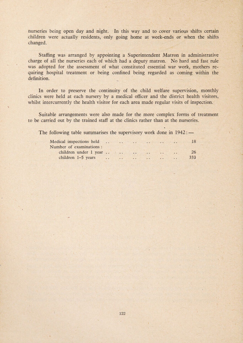 nurseries being open day and night. In this way and to cover various shifts certain children were actually residents, only going home at week-ends or when the shifts changed. Staffing was arranged by appointing a Superintendent Matron in administrative charge of all the nurseries each of which had a deputy matron. No hard and fast rule was adopted for the assessment of what constituted essential war work, mothers re¬ quiring hospital treatment or being confined being regarded as coming within the definition. In order to preserve the continuity of the child welfare supervision, monthly clinics were held at each nursery by a medical officer and the district health visitors, whilst intercurrently the health visitor for each area made regular visits of inspection. Suitable arrangements were also made for the more complex forms of treatment to be carried out by the trained staff at the clinics rather than at the nurseries. * The following table summarises the supervisory work done in 1942: — Medical inspections held 18 Number of examinations : children under 1 year .. children 1-5 years 26 333