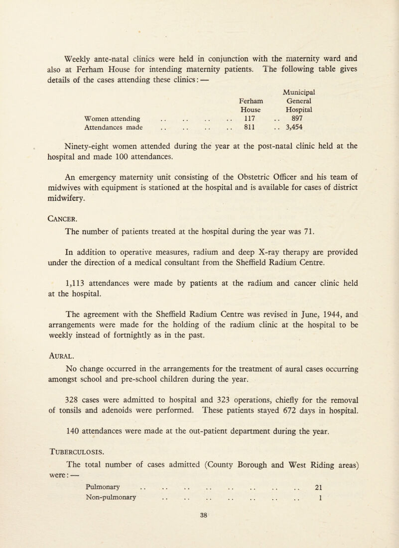 Weekly ante-natal clinics were held in conjunction with the maternity ward and also at Ferham House for intending maternity patients. The following table gives details of the cases attending these clinics: — Women attending Attendances made Municipal Ferham General House Hospital 117 .. 897 811 .. 3,454 Ninety-eight women attended during the year at the post-natal clinic held at the hospital and made 100 attendances. An emergency maternity unit consisting of the Obstetric Officer and his team of midwives with equipment is stationed at the hospital and is available for cases of district midwifery. Cancer. The number of patients treated at the hospital during the year was 71. In addition to operative measures, radium and deep X-ray therapy are provided under the direction of a medical consultant from the Sheffield Radium Centre. 1,113 attendances were made by patients at the radium and cancer clinic held at the hospital. The agreement with the Sheffield Radium Centre was revised in June, 1944, and arrangements were made for the holding of the radium clinic at the hospital to be weekly instead of fortnightly as in the past. Aural. \ No change occurred in the arrangements for the treatment of aural cases occurring amongst school and pre-school children during the year. 328 cases were admitted to hospital and 323 operations, chiefly for the removal of tonsils and adenoids were performed. These patients stayed 672 days in hospital. 140 attendances were made at the out-patient department during the year. Tuberculosis. The total number of cases admitted (County Borough and West Riding areas) were: — Pulmonary .. .. .. .. .. .. .. .. 21 Non-pulmonary .. .. .. .. .. .. .. 1