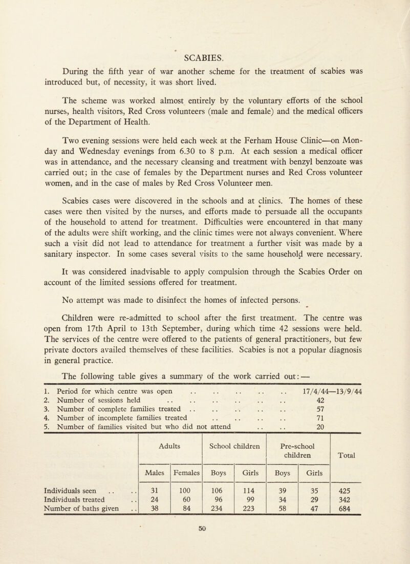 # SCABIES. During the fifth year of war another scheme for the treatment of scabies was introduced but, of necessity, it was short lived. The scheme was worked almost entirely by the voluntary efforts of the school nurses, health visitors, Red Cross volunteers (male and female) and the medical officers of the Department of Health. Two evening sessions were held each week at the Ferham House Clinic—on Mon¬ day and Wednesday evenings from 6.30 to 8 p.m. At each session a medical officer was in attendance, and the necessary cleansing and treatment with benzyl benzoate was carried out; in the case of females by the Department nurses and Red Cross volunteer women, and in the case of males by Red Cross Volunteer men. Scabies cases were discovered in the schools and at clinics. The homes of these cases were then visited by the nurses, and efforts made to persuade all the occupants of the household to attend for treatment. Difficulties were encountered in that many of the adults were shift working, and the clinic times were not always convenient. Where such a visit did not lead to attendance for treatment a further visit was made by a sanitary inspector. In some cases several visits to the same household were necessary. It was considered inadvisable to apply compulsion through the Scabies Order on account of the limited sessions offered for treatment. No attempt was made to disinfect the homes of infected persons. Children were re-admitted to school after the first treatment. The centre was open from 17th April to 13th September, during which time 42 sessions were held. The services of the centre were offered to the patients of general practitioners, but few private doctors availed themselves of these facilities. Scabies is not a popular diagnosis in general practice. The following table gives a summary of the work carried out: — 17/4/44—13/9/44 42 57 71 20 Adults School children Pre-school children Total Males Females Boys Girls Boys Girls Individuals seen 31 100 106 114 39 35 425 Individuals treated 24 60 96 99 34 29 342 Number of baths given 38 84 234 223 58 47 684 1. Period for which centre was open 2. Number of sessions held 3. Number of complete families treated 4. Number of incomplete families treated 5. Number of families visited but who did not attend