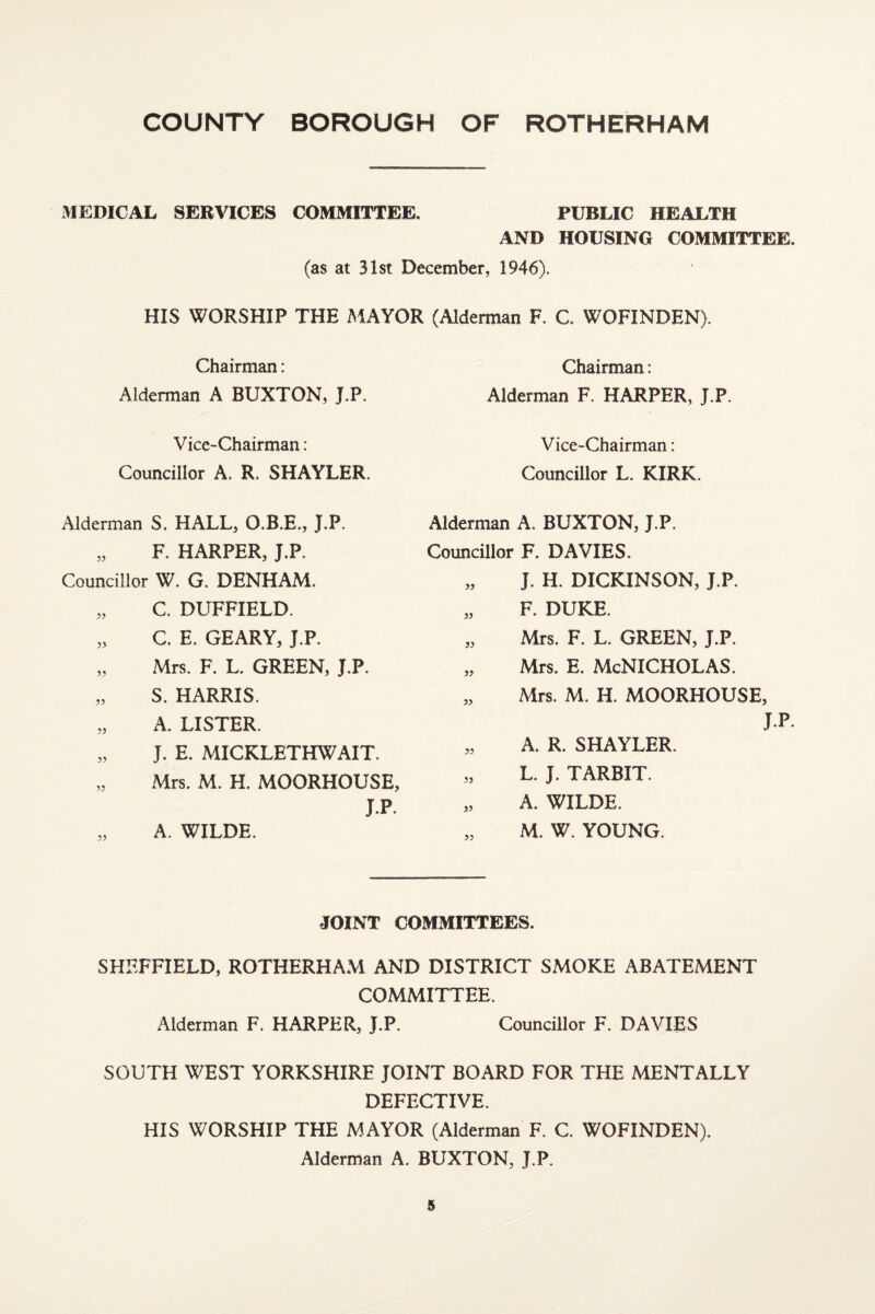 MEDICAL SERVICES COMMITTEE. PUBLIC HEALTH AND HOUSING COMMITTEE. (as at 31st December, 1946). HIS WORSHIP THE MAYOR (Mdeiman F, C. WOFINDEN). Chairman: Alderman A BUXTON, J.P. Vice-Chairman: Councillor A. R. SHAYLER. Alderman S. HALL, O.B.E., J.P. „ F. HARPER, J.P. Councillor W. G. DENHAM. „ C. DUFFIELD. „ C. E. GEARY, J.P, „ Mrs. F. L. GREEN, J.P. „ S. HARRIS. „ A. LISTER. „ J. E. MICKLETHWAIT. „ Mrs. M. H. MOORHOUSE, J.P. „ A. WILDE. Chairman: Alderman F. HARPER, J.P. Vice-Chairman: Councillor L. KIRK. Alderman A. BUXTON, J.P. Councillor F. DAVIES. „ J. H. DICKINSON, J.P. „ F. DUKE. „ Mrs. F. L. GREEN, J.P. „ Mrs. E. McNICHOLAS. „ Mrs. M. H. MOORHOUSE, J.P. „ A. R. SHAYLER. „ L. J. TARBIT. „ A. WILDE. „ M. W. YOUNG. JOINT COMMITTEES. SHEFFIELD, ROTHERHAM AND DISTRICT SMOKE ABATEMENT COMMITTEE. Alderman F. HARPER, J.P. Councillor F. DAVIES SOUTH WEST YORKSHIRE JOINT BOARD FOR THE MENTALLY DEFECTIVE, HIS WORSHIP THE MAYOR (Alderman F. C. WOFINDEN). Alderman A. BUXTON, J.P.