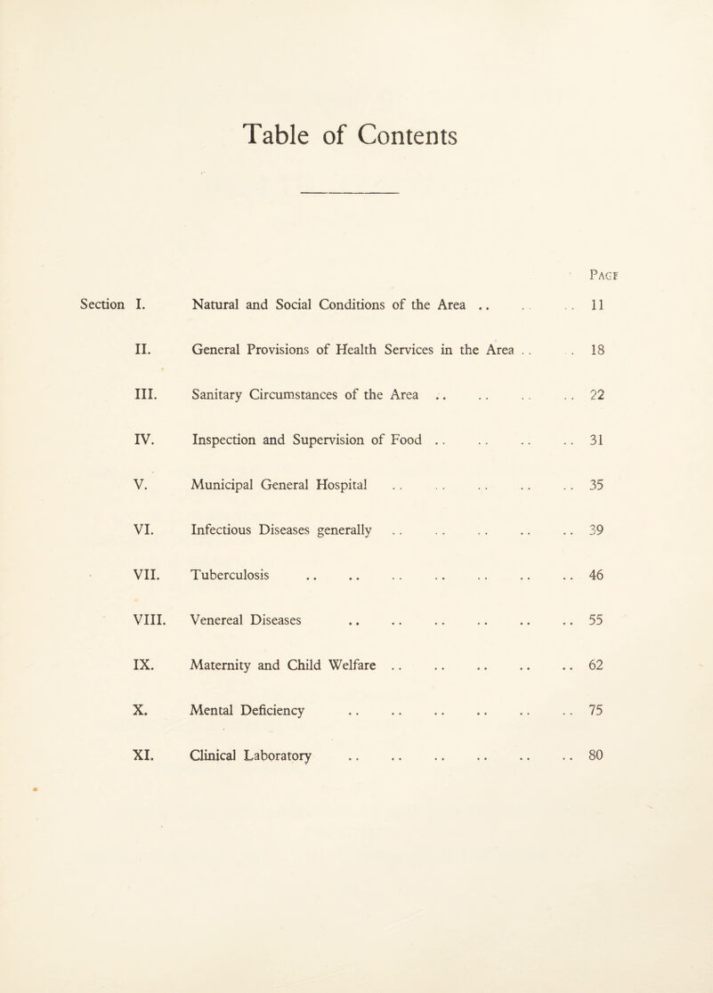Table of Contents Pag Section I. Natural and Social Conditions of the Area .. .. 11 II. General Provisions of Health Services in the Area . . . 18 III. Sanitary Circumstances of the Area .. 22 IV. Inspection and Supervision of Food .. 31 V. Municipal General Hospital .. 35 VI. Infectious Diseases generally .. 39 VII. Tuberculosis .. 46 VIII. Venereal Diseases .. 55 IX. Maternity and Child Welfare .. 62 X. Mental Deficiency .. 75 XI. Clinical Laboratory .. 80