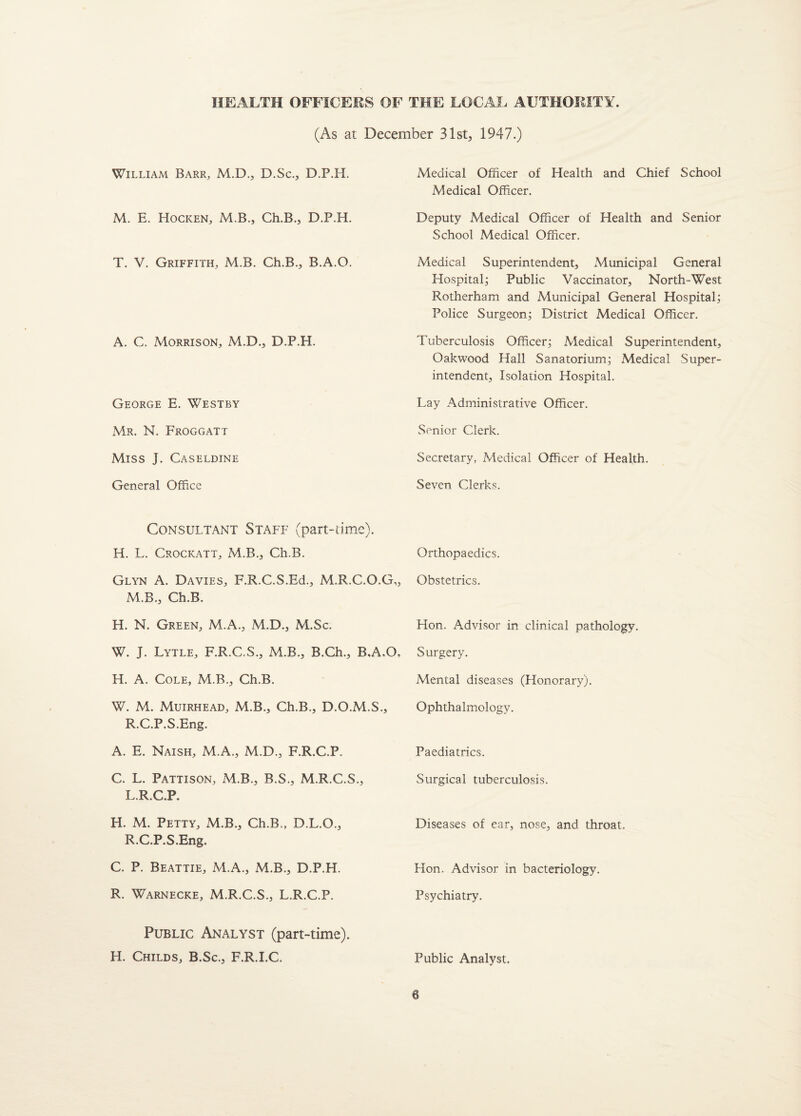 HEALTH OFFICERS OF THE LOCAL AUTHORITY. (As at December 31st, 1947.) William Barr, M.D., D.Sc., D.P.H. M. E. Hocken, M.B., Ch.B., D.P.H. T. V. Griffith, M.B. Ch.B., B.A.O. A. C. Morrison, M.D., D.P.H. George E. Westby Mr. N. Froggatt Miss J. Caseldine General Office Consultant Staff (part-time). H. L. Crockatt, M.B., Ch.B. Glyn A. Davies, F.R.C.S.Ed., M.R.C.O.G,, M.B., Ch.B. H. N. Green, M.A., M.D., M.Sc. W. J. Lytle, F.R.C.S., M.B., B.Ch., B.A.O, H. A. Cole, M.B., Ch.B. W. M. Muirhead, M.B., Ch.B., D.O.M.S., R.C.P.S.Eng. A. E. Naish, M.A., M.D., F.R.C.P. C. L. Pattison, M.B., B.S., M.R.G.S., L.R.C.P. H. M. Petty, M.B., Ch.B., D.L.O., R.C.P.S.Eng. C. P. Beattie, M.A., M.B., D.P.H. R. Warnecke, M.R.C.S., L.R.C.P. Public Analyst (part-time). H. Childs, B.Sc., F.R.I.C. Medical Officer of Health and Chief School Medical Officer. Deputy Medical Officer of Health and Senior School Medical Officer. Medical Superintendent, Municipal General Hospital; Public Vaccinator, North-West Rotherham and Municipal General Hospital; Police Surgeon; District Medical Officer. Tuberculosis Officer; Medical Superintendent, Oakwood Hall Sanatorium; Medical Super¬ intendent, Isolation Hospital. Lay Administrative Officer. Senior Clerk. Secretary, Medical Officer of Health. Seven Clerks. Orthopaedics. Obstetrics. Hon. Advisor in clinical pathology. Surgery. Mental diseases (Honorary). Ophthalmology. Paediatrics. Surgical tuberculosis. Diseases of ear, nose, and. throat. Hon. Advisor in bacteriology. Psychiatry. Public Analyst.