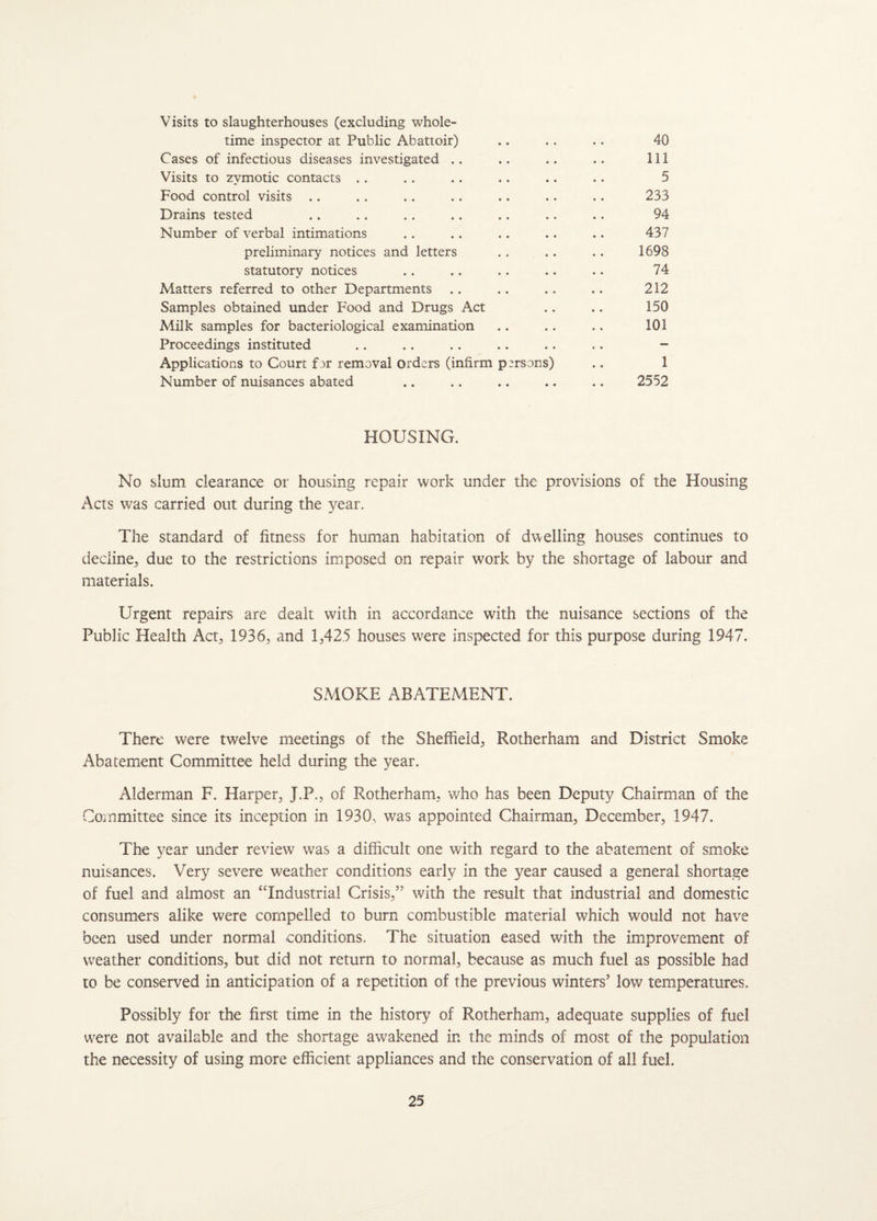 Visits to slaughterhouses (excluding whole¬ time inspector at Public Abattoir) .. .. .. 40 Cases of infectious diseases investigated .. .. .. .. Ill Visits to zymotic contacts .. .. .. .. .. .. 5 Food control visits .. .. .. .. .. .. .. 233 Drains tested .. .. .. .. .. .. .. 94 Number of verbal intimations .. .. .. .. .. 437 preliminary notices and letters . . .. . . 1698 statutory notices . . .. .. .. .. 74 Matters referred to other Departments .. .. .. .. 212 Samples obtained under Food and Drugs Act .. .. 150 Milk samples for bacteriological examination .. .. .. 101 Proceedings instituted .. .. .. .. .. .. - Applications to Court far removal orders (infirm persons) .. 1 Number of nuisances abated .. .. .. .. .. 2552 HOUSING. No slum clearance or housing repair work under the provisions of the Housing Acts was carried out during the year. The standard of fitness for human habitation of dwelling houses continues to decline, due to the restrictions imposed on repair work by the shortage of labour and materials. Urgent repairs are dealt with in accordance with the nuisance sections of the Public Health Act, 1936, and 1,42.5 houses were inspected for this purpose during 1947. SMOKE ABATEMENT. There were twelve meetings of the Sheffield, Rotherham and District Smoke Abatement Committee held during the year. Alderman F. Harper, J.P., of Rotherham, v/ho has been Deputy Chairman of the Committee since its inception in 1930, was appointed Chairman, December, 1947. The year under review was a difficult one with regard to the abatement of smoke nuisances. Very severe weather conditions early in the year caused a general shortage of fuel and almost an “Industrial Crisis,” with the result that industrial and domestic consumers alike were compelled to burn combustible material which would not have been used under normal conditions. The situation eased with the improvement of weather conditions, but did not return to normal, because as much fuel as possible had to be conserved in anticipation of a repetition of the previous winters’ low temperatures. Possibly for the first time in the history of Rotherham, adequate supplies of fuel were not available and the shortage awakened in the minds of most of the population the necessity of using more efficient appliances and the conservation of all fuel.