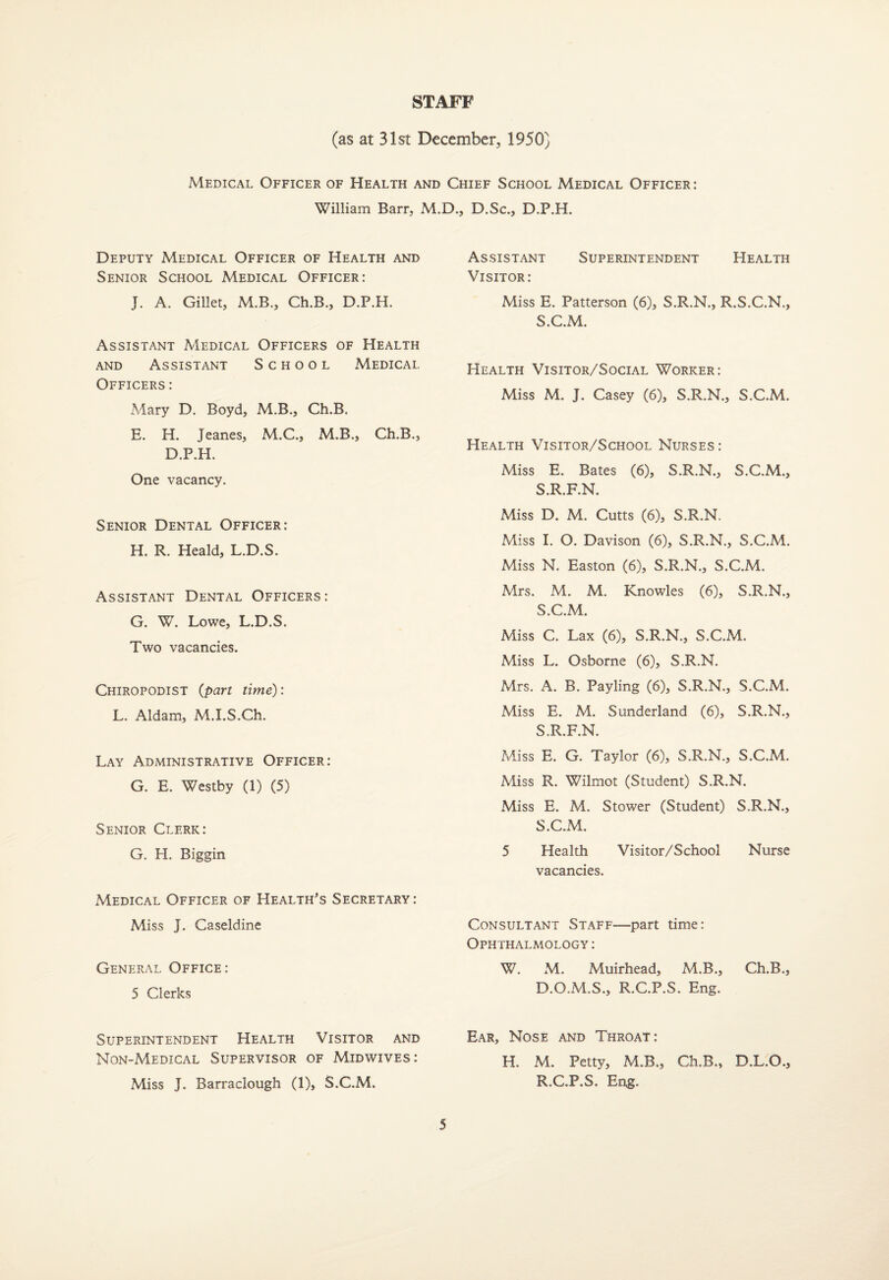 STAFF (as at 31st December, 1950) Medical Officer of Health and Chief School Medical Officer: William Barr, M.D., D.Sc., D.P.H. Deputy Medical Officer of Health and Senior School Medical Officer: J. A. Gillet, M.B., Ch.B., D.P.H. Assistant Medical Officers of Health and Assistant School Medical Officers : Mary D. Boyd, M.B., Ch.B. E. H. Jeanes, M.C., M.B., Ch.B., D.P.H. One vacancy. Senior Dental Officer: H. R. Heald, L.D.S. Assistant Dental Officers: G. W. Lowe, L.D.S. Two vacancies. Chiropodist {part time): L. Aldam, M.I.S.Ch. Lay Administrative Officer: G. E. Westby (1) (5) Senior Clerk: G. H. Biggin Medical Officer of Health's Secretary: Miss J. Caseldine General Office: 5 Clerks Superintendent Health Visitor, and Non-Medical Supervisor of Midwives: Miss J. Barraclough (1), S.C.M. Assistant Superintendent Health Visitor: Miss E. Patterson (6), S.R.N., R.S.C.N., S.C.M. Health Visitor/Social Worker: Miss M. J. Casey (6), S.R.N., S.C.M. Health Visitor/School Nurses: Miss E. Bates (6), S.R.N., S.C.M., S.R.F.N. Miss D. M. Cutts (6), S.R.N. Miss I. O. Davison (6), S.R.N., S.C.M. Miss N. Easton (6), S.R.N., S.C.M. Mrs. M. M. Knowles (6), S.R.N., S.C.M. Miss C. Lax (6), S.R.N., S.C.M. Miss L. Osborne (6), S.R.N. Mrs. A. B. Payling (6), S.R.N., S.C.M. Miss E. M. Sunderland (6), S.R.N., S.R.F.N. Miss E. G. Taylor (6), S.R.N., S.C.M. Miss R. Wilmot (Student) S.R.N. Miss E. M. Stower (Student) S.R.N., S.C.M. 5 Health Visitor/School Nurse vacancies. Consultant Staff-—part time: Ophthalmology: W. M. Muirhead, M.B., Ch.B., D.O.M.S., R.C.P.S. Eng. Ear, Nose and Throat: H. M. Petty, M.B., Ch.B., D.L.O., R.C.P.S. Eng.