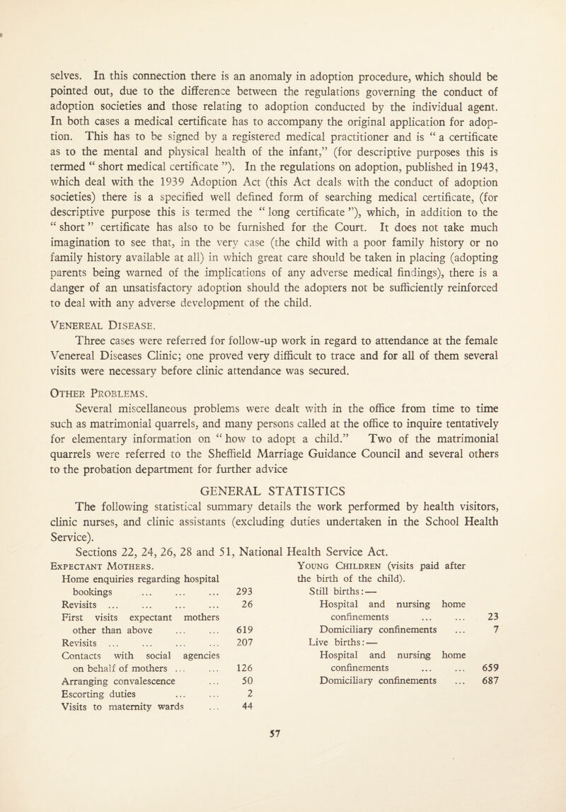 selves. In this connection there is an anomaly in adoption procedure, which should be pointed out, due to the difference between the regulations governing the conduct of adoption societies and those relating to adoption conducted by the individual agent. In both cases a medical certificate has to accompany the original application for adop¬ tion. This has to be signed by a registered medical practitioner and is “ a certificate as to the mental and physical health of the infant,” (for descriptive purposes this is termed “ short medical certificate ”). In the regulations on adoption, published in 1943, which deal with the 1939 Adoption Act (this Act deals with the conduct of adoption societies) there is a specified well defined form of searching medical certificate, (for descriptive purpose this is termed the “ long certificate ”), which, in addition to the “ short ” certificate has also to be furnished for the Court. It does not take much imagination to see that, in the very case (the child with a poor family history or no family history available at all) in which great care should be taken in placing (adopting parents being warned of the implications of any adverse medical findings), there is a danger of an unsatisfactory adoption should the adopters not be sufficiently reinforced to deal with any adverse development of the child. Venereal Disease. Three cases were referred for follow-up work in regard to attendance at the female Venereal Diseases Clinic; one proved very difficult to trace and for all of them several visits were necessary before clinic attendance was secured. Other Problems. Several miscellaneous problems were dealt with in the office from time to time such as matrimonial quarrels, and many persons called at the office to inquire tentatively for elementary information on “ how to adopt a child.” Two of the matrimonial quarrels were referred to the Sheffield Marriage Guidance Council and several others to the probation department for further advice GENERAL STATISTICS The following statistical summary details the work performed by health visitors, clinic nurses, and clinic assistants (excluding duties undertaken in the School Health Service). Sections 22, 24, 26, 28 and 51, National Health Service Act. Expectant Mothers. Home enquiries regarding hospital bookings ... ... ... 293 Revisits ... ... ... ... 26 First visits expectant mothers other than above ... ... 619 Revisits ... ... ... ... 207 Contacts with social agencies on behalf of mothers ... ... 126 Arranging convalescence ... 50 Escorting duties ... ... 2 Visits to maternity wards ... 44 Young Children (visits paid after the birth of the child). Still births: — Hospital and nursing home confinements ... ... 23 Domiciliary confinements ... 7 Live births: — Hospital and nursing home confinements ... ... 659 Domiciliary confinements ... 687