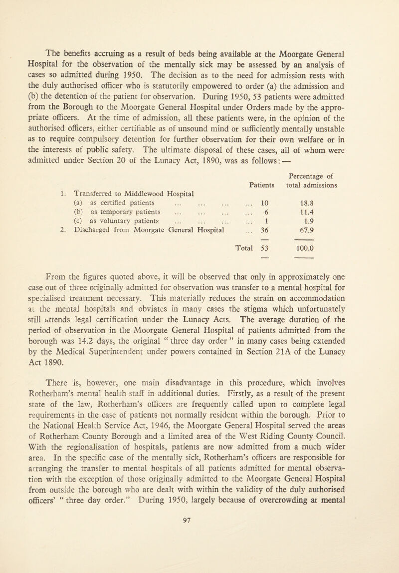 The benefits accruing as a result of beds being available at the Moorgate General Hospital for the observation of the mentally sick may be assessed by an analysis of cases so admitted during 1950. The decision as to the need for admission rests with the duly authorised officer who is statutorily empowered to order (a) the admission and (b) the detention of the patient for observation. During 1950, 53 patients were admitted from the Borough to the Moorgate General Hospital under Orders made by the appro¬ priate officers. At the time of admission, all these patients were, in the opinion of the authorised officers, either certifiable as of unsound mind or sufficiently mentally unstable as to require compulsory detention for further observation for their own welfare or in the interests of public safety. The ultimate disposal of these cases, all of whom were admitted under Section 20 of the Lunacy Act, 1890, was as follows: — Percentage of Patients total admissions Transferred to Middlewood Hospital (a) as certified patients ... 10 18.8 (b) as temporary patients ... 6 11.4 (c) as voluntary patients 1 1.9 Discharged from Moorgate General Hospital ... 36 67.9 Total 53 100.0 From the figures quoted above, it will be observed that only in approximately one case out of three originally admitted for observation was transfer to a mental hospital for specialised treatment necessary. This materially reduces the strain on accommodation at the mental hospitals and obviates in many cases the stigma which unfortunately still attends legal certification under the Lunacy Acts. The average duration of the period of observation in the Moorgate General Hospital of patients admitted from the borough was 14.2 days, the original “ three day order ” in many cases being extended by the Medical Superintendent under powers contained in Section 21A of the Lunacy Act 1890. There is, however, one main disadvantage in this procedure, which involves Rotherham’s mental health staff in additional duties. Firstly, as a result of the present state of the law, Rotherham’s officers are frequently called upon to complete legal requirements in the case of patients not normally resident within the borough. Prior to the National Health Service Act, 1946, the Moorgate General Hospital served the areas of Rotherham County Borough and a limited area of the West Riding County Council. WTith the regionalisation of hospitals, patients are now admitted from a much wider area. In the specific case of the mentally sick, Rotherham’s officers are responsible for arranging the transfer to mental hospitals of all patients admitted for mental observa¬ tion with the exception of those originally admitted to the Moorgate General Hospital from outside the borough who are dealt with within the validity of the duly authorised officers’ “ three day order.” During 1950, largely because of overcrowding at mental