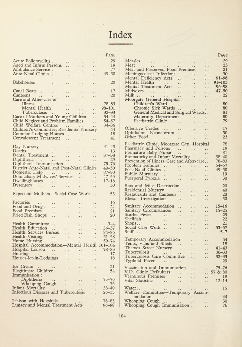 Index Acute Poliomyelitis Page 29 Aged and Infirm Persons # # 19 Ambulance Service .. 77 Ante-Natal Clinics • • 49-50 Bakehouses • • 20 Canal Boats 17 Canteens 20 Care and After-care of Illness 78-83 Mental Health 98-101 Tuberculosis 32-33 Care of Mothers and Young Children .. 34-44 Child Neglect and Problem Families 54-57 Child Welfare Centres # # 34-36 Children’s Committee, Residential Nurserv 44 Common Lodging Houses 18 Convalescent Treatment • • 41 Day Nursery 41-43 Deaths .. 13 Dental Treatment 37-38 Diphtheria 29 Diphtheria Immunisation # , 75-76 District Ante-Natal and Post-Natal Clinics 49-50 Domestic Help .. 87-90 Domiciliary Midwives’ Service 0 • 47-50 Dwellinghouses , , 17-18 Dysentery • • 30 Expectant Mothers—Social Case Work • • 53 Factories 16 Food and Drugs 24 Food Premises 21 Fried Fish Shops 20 Health Committee .. 3-4 Health Education .. 36-37 Health Services Bureau 84-86 Health Visiting 51-58 Home Nursing 59-74 Hospital Accommodation—Mental Health 101-104 Hospital Liaison 78-83 Housing 17 Houses-let-in-Lodgings 18 Ice Cream 21 Illegitimate Children 54 Immunisation : Diphtheria 75-76 Whooping Cough 76 Infant Mortality 38-40 Infectious Diseases and Tuberculosis 26-33 Liaison with Hospitals 78-83 Lunacy and Mental Treatment Acts 96-98 Page Measles .. .. .. ,. .. 29 Meat .. .. . . .. .. 23 Meat and Preserved Food Premises .. 21 Meningococcal Infections .. .. 30 xMental Deficiency Acts .. .. .. 91-96 Mental Health .. .. .. .. 91-103 Mental Treatment Acts .. .. .. 96-98 Midwives .. .. .. .. .. 47-50 Milk .. .. .. .. .. .. 22 Moorgate General Hospital : Children’s Ward . 80 Chronic Sick Wards .. .. .. 80 General Medical and Surgical Wards.. 81 Maternity Department . . . . 80 Paediatric Clinic .. .. .. 79 Offensive Trades .. .. .. .. 17 Ophthalmia Neonatorum .. .. .. 30 Other Food .. .. .. .. 23 Paediatric Clinic, Moorgate Gen. Hospital 78 Pharmacy and Poisons .. . . .. 19 Premature Baby Nurse .. . . .. 81 Prematurity and Infant Mortality . . 38-40 Prevention of Illness, Care and After-care.. 78-83 Problem Families .. . . .. .. 54-57 Post-Natal Clinics .. .. .. .. 49-50 Public Mortuary ., ,. .. .. 19 Puerperal Pyrexia .. .. .. .. 30 Rats and Mice Destruction .. .. 20 Residential Nursery .. . , .. 40 Restaurants and Canteens .. .. 20 Rhesus Investigation .. .. .. 50 Sanitary Accommodation .. .. .. 15-16 Sanitary Circumstances .. .. .. 15-25 Scarlet Fever .. .. .. .. 29 Shellfish .. .. . . .. .. 22 Shops.. .. .. .. .. .. 21 Social Case Work .. .. .. .. 53-57 Staff .. .. .. .. .. .. 5-7 Temporary Accommodation .. .. 44 Tents, Vans and Sheds .. .. .. 18 Thames Street Nursery .. . . .. 41-43 Tuberculosis .. .. ,. .. 30-33 Tuberculosis Care Committee .. .. 32-33 Typhoid Fever .. .. .. . . 29 Vaccination and Immunisation . . .. 75-76 V.D. Clinic Defaulters .. .. .. 57 & 80 Verminous Premises .. .. .. 19 Vital Statistics .. . . . . .. 12-14 Water.. .. .. .. .. .. 15 Welfare Committee-Temporary Accom¬ modation .. .. .. .. 44 Whooping Cough .. .. .. . . 30 Whooping Cough Immunisation .. .. 76