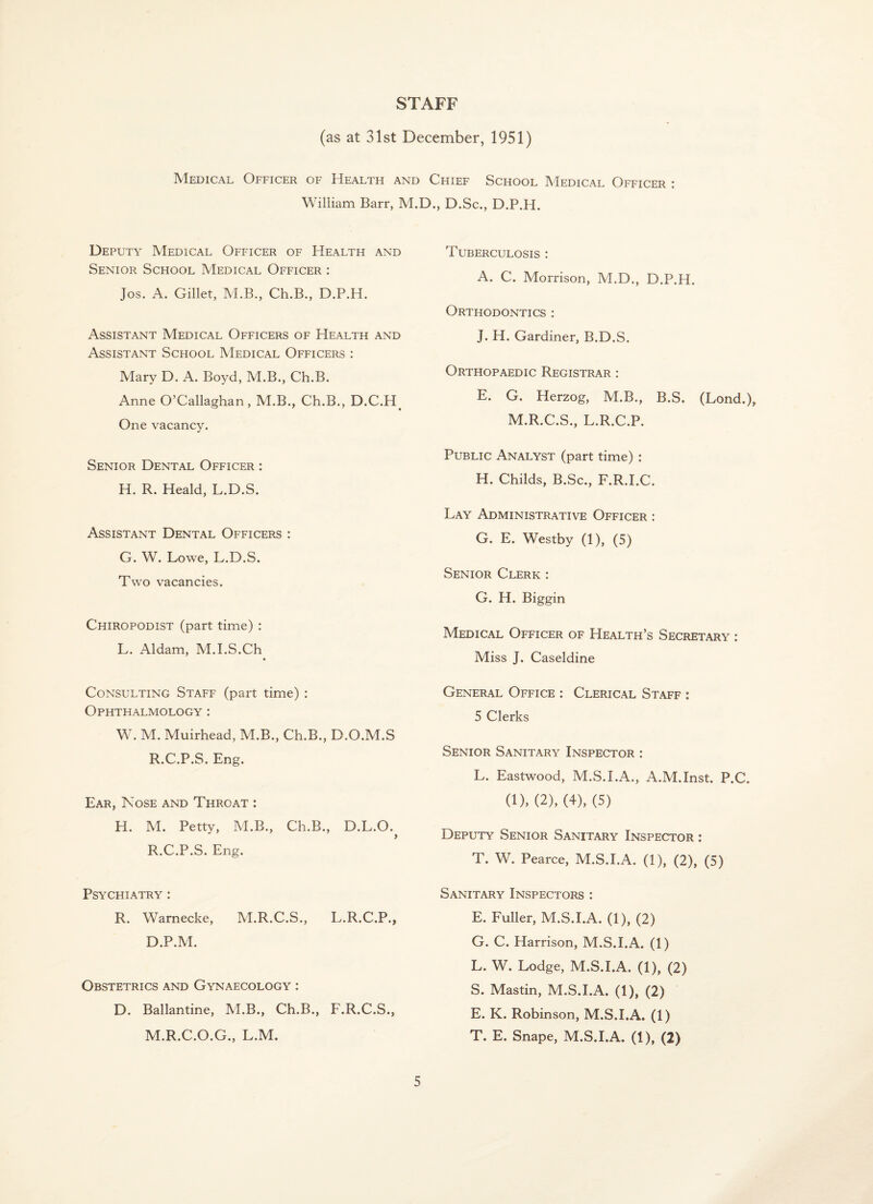 STAFF (as at 31st December, 1951) IVIedical Officer of Health and Chief School Medical Officer : William Barr, M.D., D.Sc., D.P.H. Deputy Medical Officer of Health and Senior School Medical Officer : Jos. A. Gillet, M.B., Ch.B., D.P.H. Assistant Medical Officers of Health and Assistant School Medical Officers : Mary D. A. Boyd, M.B., Ch.B. Anne O’Callaghan, M.B., Ch.B., D.C.H_ One vacancy. Senior Dental Officer : H. R. Heald, L.D.S. Assistant Dental Officers : G. W. Lowe, L.D.S. Two vacancies. Chiropodist (part time) : L. Aldam, M.I.S.Ch » Consulting Staff (part time) : Ophthalmology : W. M. Muirhead, M.B., Ch.B., D.O.M.S R.C.P.S. Eng. Ear, Nose and Throat : H. M. Petty, M.B., Ch.B., D.L.O. R.C.P.S. Eng. Psychiatry : R. Warnecke, M.R.C.S., L.R.C.P., D.P.M. Obstetrics and Gynaecology : D. Ballantine, M.B., Ch.B., F.R.C.S., M.R.C.O.G., L.M. Tuberculosis : A. C. Morrison, M.D., D.P.H. Orthodontics : J. H. Gardiner, B.D.S. Orthopaedic Registrar : E. G. Herzog, M.B., B.S. (Lond.), M.R.C.S., L.R.C.P. Public Analyst (part time) : H. Childs, B.Sc., F.R.I.C. Lay Administrative Officer : G. E. Westby (1), (5) Senior Clerk : G. H. Biggin Medical Officer of Health’s Secretary : Miss J. Caseldine General Office : Clerical Staff : 5 Clerks Senior Sanitary Inspector : L. Eastwood, M.S.I.A., A.M.Inst. P.C. (1), (2), (4), (5) Deputy Senior Sanitary Inspector ; T. W. Pearce, M.S.I.A. (1), (2), (5) Sanitary Inspectors : E. Fuller, M.S.I.A. (1), (2) G. C. Harrison, M.S.I.A. (1) L. W. Lodge, M.S.I.A. (1), (2) S. Mastin, M.S.I.A. (1), (2) E. K. Robinson, M.S.I.A. (1) T. E. Snape, M.S.I.A. (1), (2)