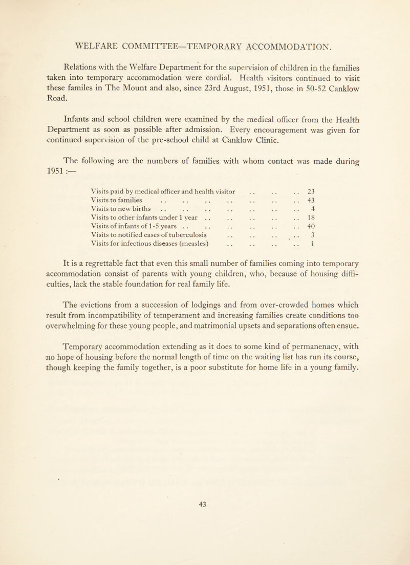 WELFARE COMMITTEE—TEMPORARY ACCOMMODATION. f Relations with the Welfare Department for the supervision of children in the families taken into temporary accommodation were cordial. Health visitors continued to visit these familes in The Mount and also, since 23rd August, 1951, those in 50-52 Canklow Road. Infants and school children were examined by the medical officer from the Health Department as soon as possible after admission. Every encouragement was given for continued supervision of the pre-school child at Canklow Clinic. The following are the numbers of families with whom contact was made during 1951 Visits paid by medical officer and health visitor . . . . . . 23 Visits to families . . . . . . , . . . . . . . 43 Visits to new births . . . . . . . . . . , . , . 4 Visits to other infants under 1 year . . . . . . . . . . 18 Visits of infants of 1-5 years . . . , . . . . . . . . 40 Visits to notified cases of tuberculosis . . . . . . .. 3 Visits for infectious diseases (measles) . . . . . . . . 1 It is a regrettable fact that even this small number of families coming into temporary accommodation consist of parents with young children, who, because of housing diffi¬ culties, lack the stable foundation for real family life. The evictions from a succession of lodgings and from over-crowded homes which result from incompatibility of temperament and increasing families create conditions too overwhelming for these young people, and matrimonial upsets and separations often ensue. Temporary accommodation extending as it does to some kind of permanenacy, with no hope of housing before the normal length of time on the waiting list has run its course, though keeping the family together, is a poor substitute for home life in a young family.
