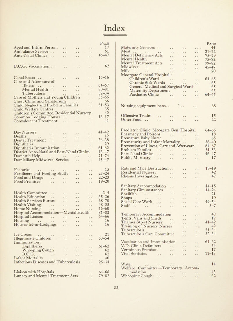 Index Aged and Infirm Persons Page 17 Ambulance Service , . 61 Ante-Natal Clinics . . • • 46-47 B.C.G. Vaccination . . • • 62 Canal Boats . . 15-16 Care and After-care of Illness 64-67 Mental Health . . , * 80-81 Tuberculosis 32-34 Care of Mothers and Young Children , * 35-55 Chest Clinic and Sanatorium * ^ 66 Child Neglect and Problem Families 51-53 Child Welfare Centres 35 Children’s Committee, Residential Nursery 42 Common Lodging Houses . . • • 16-17 Convalescent Treatment • • 41 Day Nursery 41-42 Deaths * , 12 Dental Treatment 36-38 Diphtheria • * 29 Diphtheria Immunisation . . • • 61-62 District Ante-Natal and Post-Natal Clinics 46-47 Domestic Help • * 71-74 Domiciliary Midwives’ Service • • 45-47 Factories 15 Fertilizers and Feeding Stuffs * * 23-24 Food and Drugs 22-23 Food Premises • • 19-20 Health Committee . . 3-4 Health Education 35-36 Health Services Bureau 68-70 Health Visiting 48-55 Home Nursing 56-60 Hospital Accommodation—Mental Health 81-82 Hospital Liaison 64-66 Housing 16 Houses-let-in-Lodgings 16 Ice Cream • • 21 Illegitimate Children • • 53-54 Immunisation : Diphtheria • « 61-62 Whooping Cough • • 62 B.C.G. .. * • 62 Infant Mortality 40 Infectious Diseases and Tuberculosis • • 25-34 Liaison with Hospitals 64-66 Lunacy and Mental Treatment Acts « • 79-82 Page Maternity Services . . * • • • * 44 Meat . . • • • • 21-22 Mental Deficiency Acts • • • • 75-79 Mental Health • • • • 75-82 Mental Treatment Acts • • * • 79-82 Midwives • * • • 45-47 Milk . . ♦ ♦ 20 Moorgate General Hospital : Children’s Ward • • • • 64-65 Chronic Sick Wards • • 65 General Medical and Surgical Wards 65 Maternity Department • * • « 65 Paediatric Clinic • • • • 64-65 Nursing equipment loans. . • • • 68 Offensive Trades • • • • 15 Other Food . . • • • • 22 Paediatric Clinic, Moorgate Gen. Hospital 64-65 Pharmacy and Poisons • • • * 18 Premature Baby Nurse • • • • 65 Prematurity and Infant Mortality * • • • 38-40 Prevention of Illness, Care and After-care 64-67 Problem Familes • • • • 51-53 Post-Natal Clinics . . • • • • 46-47 Public Mortuary • • • • 17 Rats and Mice Destruction . . 18-19 Residential Nursery 42 Rhesus Investigation 47 Sanitary Accommodation . . 14-15 Sanitary Circumstances 14-24 Shellfish 21 Shops. . 19 Social Case Work 49-54 ^^taff .. .. .. .. 5-7 Temporary Accommodation 43 Tents, Vans and Sheds 17 Thames Street Nursery 41-42 Training of Nursery Nurses • • * • * • 42 Tuberculosis 31-34 Tuberculosis Care Committee 32-34 Vaccination and Immunisation 61-62 V.D. Clinic Defaulters 54 Verminous Premises 17 Vital Statistics 11-13 Water • • • • 14 Welfare Committee—Temporary Accom- modation • • • • 43 Whooping Cough * • • • 62