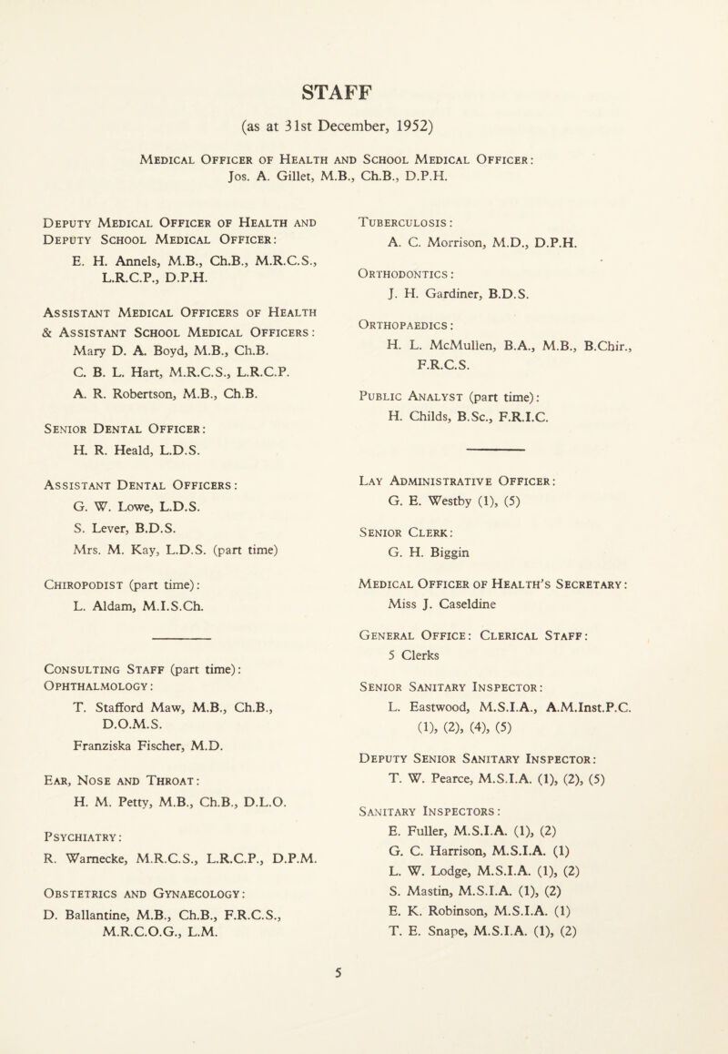 STAFF (as at 31st December, 1952) Medical Officer of Health and School Medical Officer: Jos. A. Gillet, M.B., Ch.B., D.P.H. Deputy Medical Officer of Health and Deputy School Medical Officer: E. H. Annels, M.B., Ch.B., M.R.C.S., L.R.C.P., D.P.H. Assistant Medical Officers of Health & Assistant School Medical Officers: Mary D. A. Boyd, M.B., Ch.B. C. B. L. Hart, M.R.C.S., L.R.C.P. A. R. Robertson, M.B., Ch.B. Senior Dental Officer: H. R. Heald, L.D.S. Assistant Dental Officers: G. W. Lowe, L.D.S. S. Lever, B.D.S. Mrs. M. Kay, L.D.S. (part time) Chiropodist (part time): L. Aldam, M.I.S.Ch. Consulting Staff (part time): Ophthalmology : T. Stafford Maw, M.B., Ch.B., D.O.M.S. Franziska Fischer, M.D. Ear, Nose and Throat: H. M. Petty, M.B., Ch.B., D.L.O. Psychiatry: R. Wamecke, M.R.C.S., L.R.C.P., D.P.M. Obstetrics and Gynaecology: D. Ballantine, M.B., Ch.B., F.R.C.S., M.R.C.O.G., L.M. Tuberculosis : A. C. Morrison, M.D., D.P.H. Orthodontics : J. H. Gardiner, B.D.S. Orthopaedics : H. L. McMullen, B.A., M.B., B.Chir., F.R.C.S. Public Analyst (part time): H. Childs, B.Sc., F.R.I.C. Lay Administrative Officer: G. E. Westby (1), (5) Senior Clerk: G. H. Biggin Medical Officer of Health's Secretary: Miss J. Caseldine General Office: Clerical Staff: 5 Clerks Senior Sanitary Inspector: L. Eastwood, M.S.I.A., A.M.Inst.P.C. (1), (2), (4), (5) Deputy Senior Sanitary Inspector: T. W. Pearce, M.S.I.A. (1), (2), (5) Sanitary Inspectors: E. Fuller, M.S.I.A. (1), (2) G. C. Harrison, M.S.I.A. (1) L. W. Lodge, M.S.I.A. (1), (2) S. Mastin, M.S.I.A. (1), (2) E. K. Robinson, M.S.I.A. (1) T. E. Snape, M.S.I.A. (1), (2)