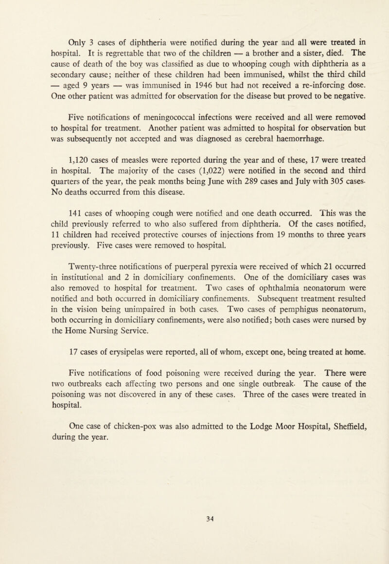 Only 3 cases of diphtheria were notified during the year and all were treated in hospital. It is regrettable that two of the children — a brother and a sister, died. The cause of death of the boy was classified as due to whooping cough with diphtheria as a secondary cause; neither of these children had been immunised, whilst the third child — aged 9 years — was immunised in 1946 but had not received a re-inforcing dose. One other patient was admitted for observation for the disease but proved to be negative. Five notifications of meningococcal infections were received and all were removed to hospital for treatment. Another patient was admitted to hospital for observation but was subsequently not accepted and was diagnosed as cerebral haemorrhage. 1,120 cases of measles were reported during the year and of these, 17 were treated in hospital. The majority of the cases (1,022) were notified in the second and third quarters of the year, the peak months being June with 289 cases and July with 305 cases- No deaths occurred from this disease. 141 cases of whooping cough were notified and one death occurred. This was the child previously referred to who also suffered from diphtheria. Of the cases notified, 11 children had received protective courses of injections from 19 months to three years previously. Five cases were removed to hospital Twenty-three notifications of puerperal pyrexia were received of which 21 occurred in institutional and 2 in domiciliary confinements. One of the domiciliary cases was also removed to hospital for treatment. Two cases of ophthalmia neonatorum were notified and both occurred in domiciliary confinements. Subsequent treatment resulted in the vision being unimpaired in both cases. Two cases of pemphigus neonatorum, both occurring in domiciliary confinements, were also notified; both cases were nursed by the Home Nursing Service. 17 cases of erysipelas were reported, all of whom, except one, being treated at home. Five notifications of food poisoning were received during the year. There were two outbreaks each affecting two persons and one single outbreak. The cause of the poisoning was not discovered in any of these cases. Three of the cases were treated in hospital. One case of chicken-pox was also admitted to the Lodge Moor Hospital, Sheffield, during the year.