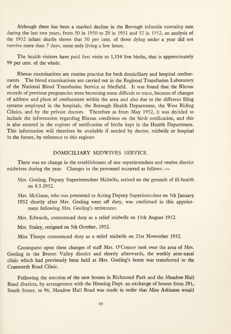 Although there has been a marked decline in the Borough infantile mortality rate during the last two years, from 50 in 1950 to 28 in 1951 and 32 in 1952, an analysis of the 1952 infant deaths shows that 50 per cent, of those dying under a year did not survive more than 7 days, some only living a few hours. The health visitors have paid first visits to 1,354 live births, that is approximately 99 per cent, of the whole. Rhesus examinations are routine practice for both domiciliary and hospital confine¬ ments. The blood examinations are carried out in the Regional Transfusion Laboratory of the National Blood Transfusion Service at Sheffield. It was found that the Rhesus records of previous pregnancies were becoming more difficult to trace, because of changes of address and place of confinement within the area and also due to the different filing systems employed in the hospitals, the Borough Health Department, the West Riding Clinics, and by the private doctors. Therefore as from May 1952, it was decided to include the information regarding Rhesus conditions on the birth notification, and this is also entered in the register of notification of births kept in the Health Department. This information will therefore be available if needed by doctor, midwife or hospital in the future, by reference to this register- DOMICILIARY MIDWIVES SERVICE. There was no change in the establishment of one superintendent and twelve district midwives during the year. Changes in the personnel occurred as follows: Mrs. Gosling, Deputy Superintendent Midwife, retired on the grounds of ill-health on 8.5.1952. Mrs. McGann, who was promoted to Acting Deputy Superintendent on 5th January 1952 shortly after Mrs. Gosling went off duty, was confirmed in this appoint¬ ment following Mrs. Gosling’s retirement. Mrs. Edwards, commenced duty as a relief midwife on 11th August 1952. Mrs. Staley, resigned on 5th October, 1952. Miss Thorpe commenced duty as a relief midwife on 21st November 1952. Consequent upon these changes of staff Mrs. O’Connor took over the area of Mrs. Gosling in the Broom Valley district and shortly afterwards, the weekly ante-natal clinic which had previously been held at Mrs. Gosling’s home was transferred to the Cranworth Road Clinic. Following the erection of the new houses in Richmond Park and the Meadow Hall Road districts, by arrangement with the Housing Dept, an exchange of houses from 291, South Street, to 96, Meadow Hall Road was made in order that Miss Atkinson would