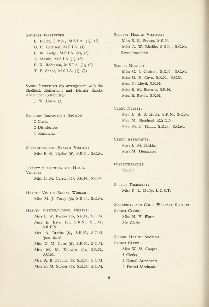 Sanitary Inspectors: E. Fuller, D.P.A., M.S.LA. (1), (2) G. C. Harrison, M.S.I.A. (1) L. W. Lodge, M.S.LA. (1), (2) S. Mastin, M.S.LA. (1), (2) E. K. Robinson, M.S.LA. (1), (2) T. E. Snape, M.S.LA. (1), (2) Smoke Inspector (by arrangement with the Sheffield, Rotherham and District Smoke Abatement Committee): J. W. Hoare (3) Sanitary Inspector's Section: 2 Clerks 2 Disinfectors 1 Ratcatcher Superintendent Health Visitor: Miss E. G. Taylor (6), S.R.N., S.C.M. Deputy Superintendent Health Visitor: Miss C. M. Carroll (6), S.R.N., S.C.M. Health Visitor/Social Worker: Miss M. J. Casey (6), S.R.N., S.C.M. Health Visitor/School Nurses : Miss L. W. Barlow (6), S.R.N., S.C.M. Miss E. Bates (6), S.R.N., S.C.M., S.R.F.N. Mrs. A. Brooks (6), S.R.N., S.C.M. (part time) Miss D. M. Cutts (6), S.R.N., S.C.M. Mrs. M. M. Knowles (6), S.R.N., S.C.M. Mrs. A. B. Payling (6), S.R.N., S.C.M. Miss E. M. Stower (6), S.R.N., S.C.M. Student Health Visitors: Miss S. E. Brewer, S.R.N. Miss A. W. Ritchie, S.R.N., S.C.M. Seven vacancies School Nurses: Miss C. J. Crofton, S.R.N., S.C.M. Miss G. K. Cave, S.R.N., S.C.M. Mrs. N. Lloyd, S.R.N. Miss E. M. Borman, S.R.N. Mrs. E. Rands, S.R.N. Clinic Nurses: Mrs. E. A. S. Hoyle, S.R.N., S.C.M. Mrs. M. Shepherd, R.S.C.N. Mrs. M. P. Phinn, S.R.N., S.C.M. Clinic Assistants: Miss E. M. Nicklin Miss M. Thompson Physiotherapist : Vacant Speech Therapist: Miss P. L. Duffy, L.C.S.T. xMaternity and Child Welfare Section: Senior Clerk: Miss N. H. Platts Six Clerks School Health Section: Senior Clerk: Miss W. M. Cooper 5 Clerks 4 Dental Attendants 1 Dental Mechanic