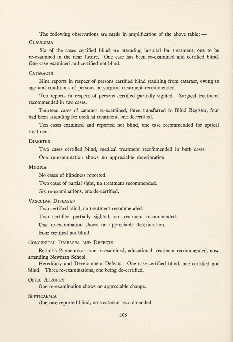 The following observations are made in amplification of the above table: — Glaucoma Six of the cases certified blind are attending hospital for treatment, one to be re-examined in the near future. One case has been re-examined and certified blind. One case examined and certified not blind. Cataracts Nine reports in respect of persons certified blind resulting from cataract, owing to age and conditions of persons no surgical treatment recommended. Ten reports in respect of persons certified partially sighted. Surgical treatment recommended in two cases. Fourteen cases of cataract re-examined, three transferred to Blind Register, four had been attending for medical treatment, one decertified. Ten cases examined and reported not blind, one case recommended for optical treatment. Diabetes Two cases certified blind, medical treatment recommended in both cases. One re-examination shows no appreciable deterioration. Myopia No cases of blindness reported. Two cases of partial sight, no treatment recommended. Six re-examinations, one de-certified. Vascular Diseases Two certified blind, no treatment recommended. Two certified partially sighted, no treatment recommended. One re-examination shows no appreciable deterioration. Four certified not blind. Congenital Diseases and Defects Retinitis Pigmentosa—one re-examined, educational treatment recommended, now attending Newman School. Hereditary and Development Defects. One case certified blind, one certified not blind. Three re-examinations, one being de-certified. Optic Atrophy One re-examination shows no appreciable change. Septicaemia One case reported blind, no treatment recommended.