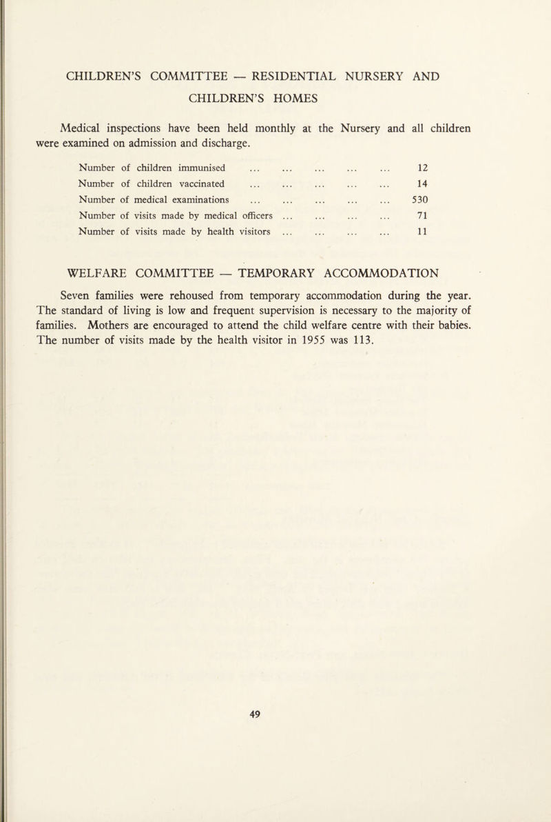 CHILDREN’S COMMITTEE — RESIDENTIAL NURSERY AND CHILDREN’S HOMES Medical inspections have been held monthly at the Nursery and all children were examined on admission and discharge. Number of children immunised Number of children vaccinated Number of medical examinations Number of visits made by medical officers Number of visits made by health visitors 12 14 530 71 11 WELFARE COMMITTEE — TEMPORARY ACCOMMODATION Seven families were rehoused from temporary accommodation during the year. The standard of living is low and frequent supervision is necessary to the majority of families. Mothers are encouraged to attend the child welfare centre with their babies. The number of visits made by the health visitor in 1955 was 113.