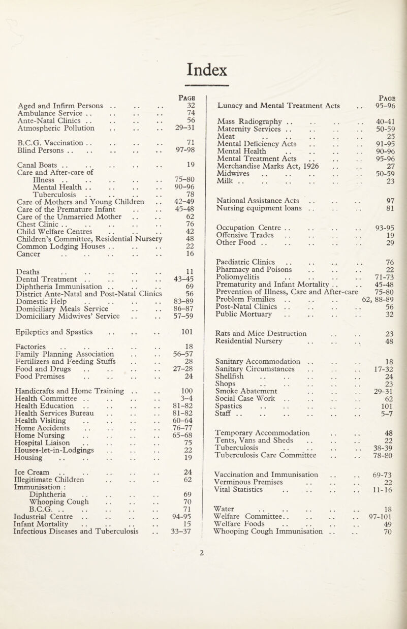 Index Aged and Infirm Persons .. • « Page 32 Ambulance Service .. • • 74 Ante-Natal Clinics .. • • 56 Atmospheric Pollution • • 29-31 B.C.G. Vaccination .. • * 71 Blind Persons .. • • 97-98 Canal Boats .. • • 19 Care and After-care of Illness .. • • 75-80 Mental Health .. • • 90-96 Tuberculosis • • 78 Care of Mothers and Young Children • • 42-49 Care of the Premature Infant « • 45-48 Care of the Unmarried Mother • • 62 Chest Clinic .. • • 76 Child Welfare Centres • • 42 Children’s Committee, Residential Nursery 48 Common Lodging Houses .. * • 22 Cancer • • 16 Deaths • • 11 Dental Treatment .. • • 43-45 Diphtheria Immunisation .. • • 69 District Ante-Natal and Post-Natal Clinics 56 Domestic Help * , 83-89 Domiciliary Meals Service 86-87 Domiciliary Midwives’ Service • • 57-59 Epileptics and Spastics • • 101 Factories • • 18 Family Planning Association • • 56-57 Fertilizers and Feeding Stuffs * , 28 Food and Drugs * , 27-28 Food Premises • • 24 Handicrafts and Home Training .. • • 100 Health Committee .. • • 3-4 Health Education • • 81-82 Health Services Bureau • « 81-82 Health Visiting • • 60-64 Home Accidents • • 76-77 Home Nursing • • 65-68 Hospital Liaison • • 75 Houses-let-in-Lodgings • • 22 Housing 19 Ice Cream 24 Illegitimate Children 62 Immunisation : Diphtheria * , 69 Whooping Cough • • 70 B.C.G. .. , * 71 Industrial Centre • • 94-95 Infant Mortality • • 15 Infectious Diseases and Tuberculosis • • 33-37 Lunacy and Mental Treatment Acts Page 95-96 Mass Radiography .. 40-41 Maternity Services .. 50-59 Meat 25 Mental Deficiency Acts 91-95 Mental Health 90-96 Alental Treatment Acts 95-96 Merchandise Marks Act, 1926 27 Midwives 50-59 Milk .. 23 National Assistance Acts 97 Nursing equipment loans . . 81 Occupation Centre .. 93-95 Offensive Trades 19 Other Food .. 29 Paediatric Clinics 76 Pharmacy and Poisons 22 Poliomyelitis 71-73 Prematurity and Infant Mortality .. 45-48 Prevention of Illness, Care and After- ■care 75-80 Problem Families 62, 88-89 Post-Natal Clinics .. 56 Public Mortuary 32 Rats and Mice Destruction 23 Residential Nursery 48 Sanitary Accommodation .. 18 Sanitary Circumstances 17-32 Shellfish 24 Shops 23 Smoke Abatement 29-31 Social Case Work 62 Spastics 101 Staff .. .. .. 5-7 Temporary Accommodation 48 Tents, Vans and Sheds 22 Tuberculosis .. 38-39 Tuberculosis Care Committee 78-80 Vaccination and Immunisation 69-73 Verminous Premises 22 Vital Statistics 11-16 Water 18 Welfare Committee.. . . 97-101 Welfare Foods 49 Whooping Cough Immunisation .. 70