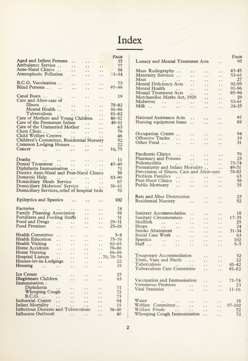Index Page Aged and Infirm Persons 35 Ambulance Service • • 77 Ante-Natal Clinics • • 58 Atmospheric Pollution • • : 1-34 B.C.G. Vaccination • • 73 Blind Persons • • 97-99 Canal Boats « • 19 Care and After-care of Illness • • 78-82 Mental Health • • 91-96 Tuberculosis 81-82 Care of Mothers and Young Children • • 46-52 Care of the Premature Infant • • 49-51 Care of the Unmarried Mother • • 63 Chest Clinic .. • • 79 Child Welfare Centres • • 46 Children’s Committee, Residential Nursery 52 Common Lodging Houses • • 22 Cancer • • 16, 75 Deaths . • • 11 Dental Treatment 47-49 Diphtheria Immunisation .. 71 District Ante-Natal and Post-Natal Clinics 58 Domestic Help 83-90 Domiciliary Meals Service 87 Domiciliary Midwives’ Service 58-61 Domiciliary Services, relief of hospital beds 70 Epileptics and Spastics • • 102 Factories 18 Family Planning Association 58 Fertilizers and Feeding Stuffs 31 Food and Drugs 29-31 Food Premises 25-26 Health Committee 3-4 Health Education 75-76 Health Visiting 62-65 Home Accidents 79-80 Home Nursing 66-69 Hospital Liaison ::?o. 78-79 Houses-let-in-Lodgings 22 Housing 19 Ice Cream 25 Illegitimate Children 63 Immunisation : Diphtheria 71 Whooping Cough 72 B.C.G. .. 73 Industrial Centre .. 94 Infant Mortality 15 Infectious Diseases and Tuberculosis 36-40 Influenza Outbreak 40 Lunacy and Mental Treatment Acts • • Page 95 Mass Radiography • • 43-45 Maternity Services • • 53-61 Meat 0 # 27 Mental Deficiency Acts • • 92-95 Mental Health .. 91-96 Mental Treatment Acts 95-96 Merchandise Marks Act, 1926 .. 29 Midwives • • 53-61 Milk • • 24-25 National Assistance Acts • • • • 97 Nursing equipment loans .. • • • • 89 Occupation Centre .. • • • * 94 Offensive Trades • * • • 19 Other Food • • • • 31 Paediatric Clinics * • • • 79 Pharmacy and Poisons • • • • 23 Poliomyelitis » • • • 73-74 Prematurity and Infant Mortality • • • » 49-51 Prevention of Illness, Care and After- ■care 78-82 Problem Families • • • « 63 Post-Natal Clinics • • • • 58 Public Mortuary • • • • 35 Rats and Mice Destruction • • 23 Residential Nursery • • • • 52 Sanitary Accommodation .. • • 18 Sanitary Circumstances • • 17-35 Shellfish m # 25 Shops # # 24 Smoke Abatement # # 31-34 Social Case Work 63 Spastics 102 Staff • • 5-7 Temporary Accommodation 52 Tents, Vans and Sheds • • * m 22 Tuberculosis • • • • 41-42 Tuberculosis Care Committee • » • • 81-82 Vaccination and Immunisation • • • • 71-74 Verminous Premises • * • • 23 Vital Statistics • • • • 11-16 Water • • • • 18 Welfare Committee.. • • • • 97-102 Welfare Foods • • • • 52 Whooping Cough Immunisation • » • • 72