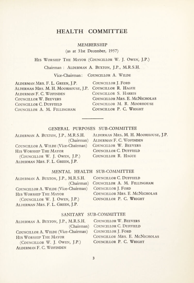 HEALTH COMMITTEE MEMBERSHIP (as at 31st December, 1957) His Worship The Mayor (Councillor W. J. Owen, J.P.) Chairman : Alderman A. Buxton, J.P., M.R.S.H. Vice-Chairman: Councillor A. Wilde Alderman Mrs. F. L. Green, J.P. Alderman Mrs. M. H. Moorhouse, J.P. Alderman F. C. Wofinden Councillor W. Beevers Councillor C. Duffield Councillor A. M. Fillingham Councillor J. Ford Councillor R. Hague Councillor S. Harris Councillor Mrs. E. McNicholas Councillor M. R. Moorhouse Councillor P. C. Wright GENERAL PURPOSES SUB-COMMITTEE Alderman A. Buxton, J.P., M.R.S.H. (Chairman) Councillor A. Wilde (Vice-Chairman) His Worship The Mayor (Councillor W. J. Owen, J.P.) Alderman Mrs. F. L. Green, J.P. Alderman Mrs. M. H. Moorhouse, J.P. Alderman F. C. Wofinden Councillor W. Beevers Councillor C. Duffield Councillor R. Hague MENTAL HEALTH SUB-COMMITTEE Alderman A. Buxton, J.P., M.R.S.H. (Chairman) Councillor A. Wilde (Vice-Chairman) His Worship The Mayor (Councillor W. J. Owen, J.P.) Alderman Mrs. F. L. Green, J.P. Councillor C. Duffield Councillor A. M. Fillingham Councillor J. Ford Councillor Mrs. E. McNicholas Councillor P. C. Wright SANITARY SUB-COMMITTEE Alderman A. Buxton, J.P., M.R.S.H. (Chairman) Councillor A. Wilde (Vice-Chairman) His Worship Teie Mayor (Councillor W. J. Owen, J.P.) Alderman F. C. Wofinden Councillor W. Beevers Councillor C. Duffield Councillor J. Ford Councillor Mrs. E. McNicholas Councillor P. C. Wright