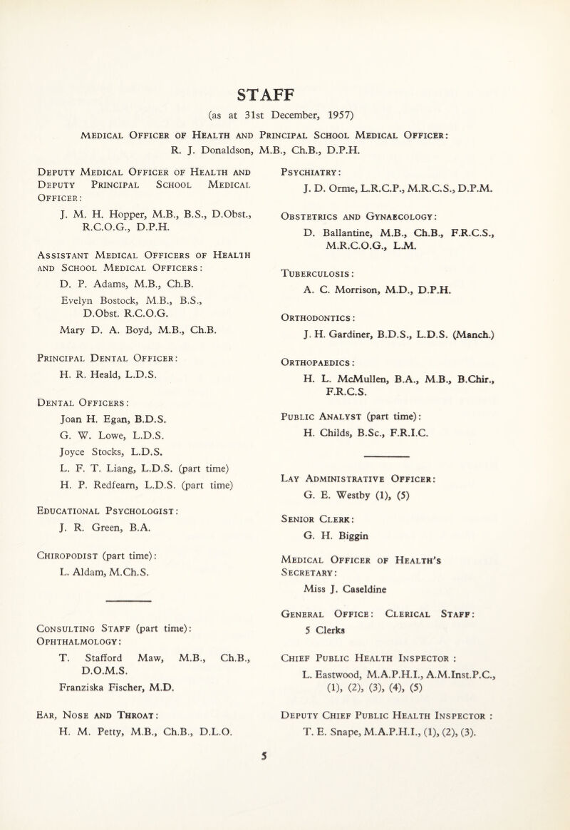 STAFF (as at 31st December, 1957) Medical Officer of Health and Principal School Medical Officer: R. T. Donaldson, M.B., Ch.B., D.P.H. Deputy Medical Officer of Health and Deputy Principal School Medical Officer : J. M. H. Hopper, M.B., B.S., D.Obst., R.C.O.G., D.P.H. Assistant Medical Officers of Health and School Medical Officers : D. P. Adams, M.B., Ch.B. Evelyn Bostock, MB., B.S., D.Obst. R.C.O.G. Mary D. A. Boyd, M.B., Ch.B. Principal Dental Officer: H. R. Heald, L.D.S. Dental Officers: Joan H. Egan, B.D.S. G. W. Lowe, L.D.S. Joyce Stocks, L.D.S. L. F. T. Liang, L.D.S. (part time) H. P. Redfeam, L.D.S. (part time) Educational Psychologist : J. R. Green, B.A. Chiropodist (part time): L. Aldam, M.Ch.S. Consulting Staff (part time): Ophthalmology : T. Stafford Maw, M.B., Ch.B., D.O.M.S. Franziska Fischer, M.D. Ear, Nose and Throat: H. M. Petty, M.B., Ch.B., D.L.O. Psychiatry : J. D. Orme, L.R.C.P., M.R.C.S., D.P.M. Obstetrics and Gynaecology: D. Ballantine, M.B., Ch.B., F.R.C.S., M.R.C.O.G., L.M. Tuberculosis : A. C. Morrison, M.D., D.P.H. Orthodontics : J. H. Gardiner, B.D.S., L.D.S. (Manch.) Orthopaedics : H. L. McMullen, B.A., M B., B.Chir., F.R.C.S. Public Analyst (part time): H. Childs, B.Sc., F.R.I.C. Lay Administrative Officer: G. E. Westby (1), (5) Senior Clerk: G. H. Biggin Medical Officer of Health's Secretary: Miss J. Caseldine General Office : Clerical Staff : 5 Clerks Chief Public Health Inspector : L. Eastwood, M.A.P.H.I., A.M.Inst.P.C., (1), (2), (3), (4), (5) Deputy Chief Public Health Inspector : T. E. Snape, M.A.P.H.I., (1), (2), (3).