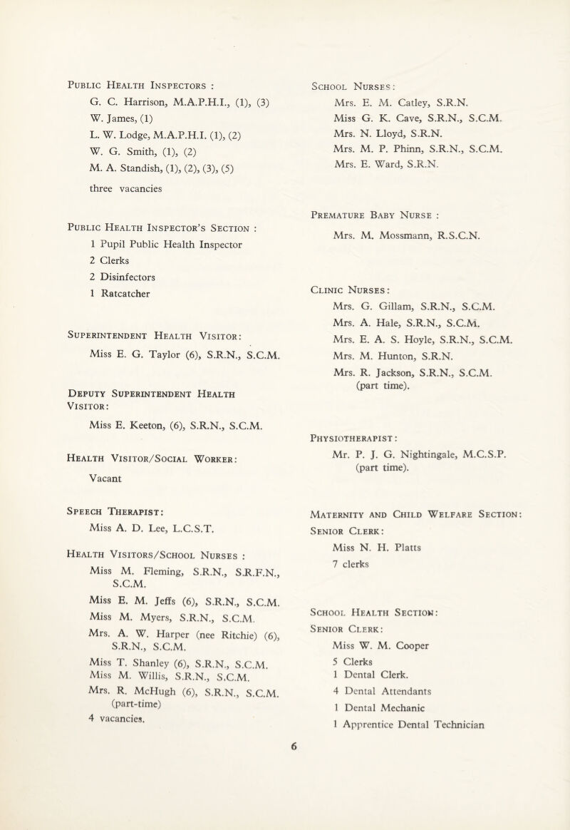 Public Health Inspectors : G. C. Harrison, M.A.P.H.I., (1), (3) W. James, (1) L. W. Lodge, M.A.P.H.I. (1), (2) W. G. Smith, (1), (2) M. A. Standish, (1), (2), (3), (5) three vacancies Public Health Inspector's Section : 1 Pupil Public Health Inspector 2 Clerks 2 Disinfectors 1 Ratcatcher Superintendent Health Visitor: Miss E. G. Taylor (6), S.R.N., S.C.M. Deputy Superintendent Health Visitor: Miss E. Keeton, (6), S.R.N., S.C.M. Health Visitor/Social Worker: Vacant Speech Therapist: Miss A. D. Lee, L.C.S.T. Health Visitors/School Nurses : Miss M. Fleming, S.R.N., S.R.F.N., S.C.M. Miss E. M. Jeffs (6), S.R.N., S.C.M. Miss M. Myers, S.R.N., S.C.M, Mrs. A. W. Harper (nee Ritchie) (6), S.R.N., S.C.M. Miss T. Shanley (6), S.R.N., S.C.M. Miss M. Willis, S.R.N., S.C.M. Mrs. R. McHugh (6), S.R.N., S.C.M. (part-time) 4 vacancies. School Nurse0: Mrs. E. M. Catley, S.R.N. Miss G. K. Cave, S.R.N., S.C.M. Mrs. N. Lloyd, S.R.N. Mrs. M. P. Phinn, S.R.N., S.C.M. Mrs. E. Ward, S.R.N. Premature Baby Nurse : Mrs. M. Mossmann, R.S.C.N. Clinic Nurses: Mrs. G. Gillam, S.R.N., S.C.M. Mrs. A. Hale, S.R.N., S.C.M. Mrs. E. A. S. Hoyle, S.R.N., S.C.M. Mrs. M. Hunton, S.R.N. Mrs. R. Jackson, S.R.N., S.C.M. (part time). Physiotherapist : Mr. P. J. G. Nightingale, M.C.S.P. (part time). Maternity and Child Welfare Section: Senior Clerk: Miss N. H. Platts 7 clerks School Health Section: Senior Clerk: Miss W. M. Cooper 5 Clerks 1 Dental Clerk. 4 Dental Attendants 1 Dental Mechanic 1 Apprentice Dental Technician