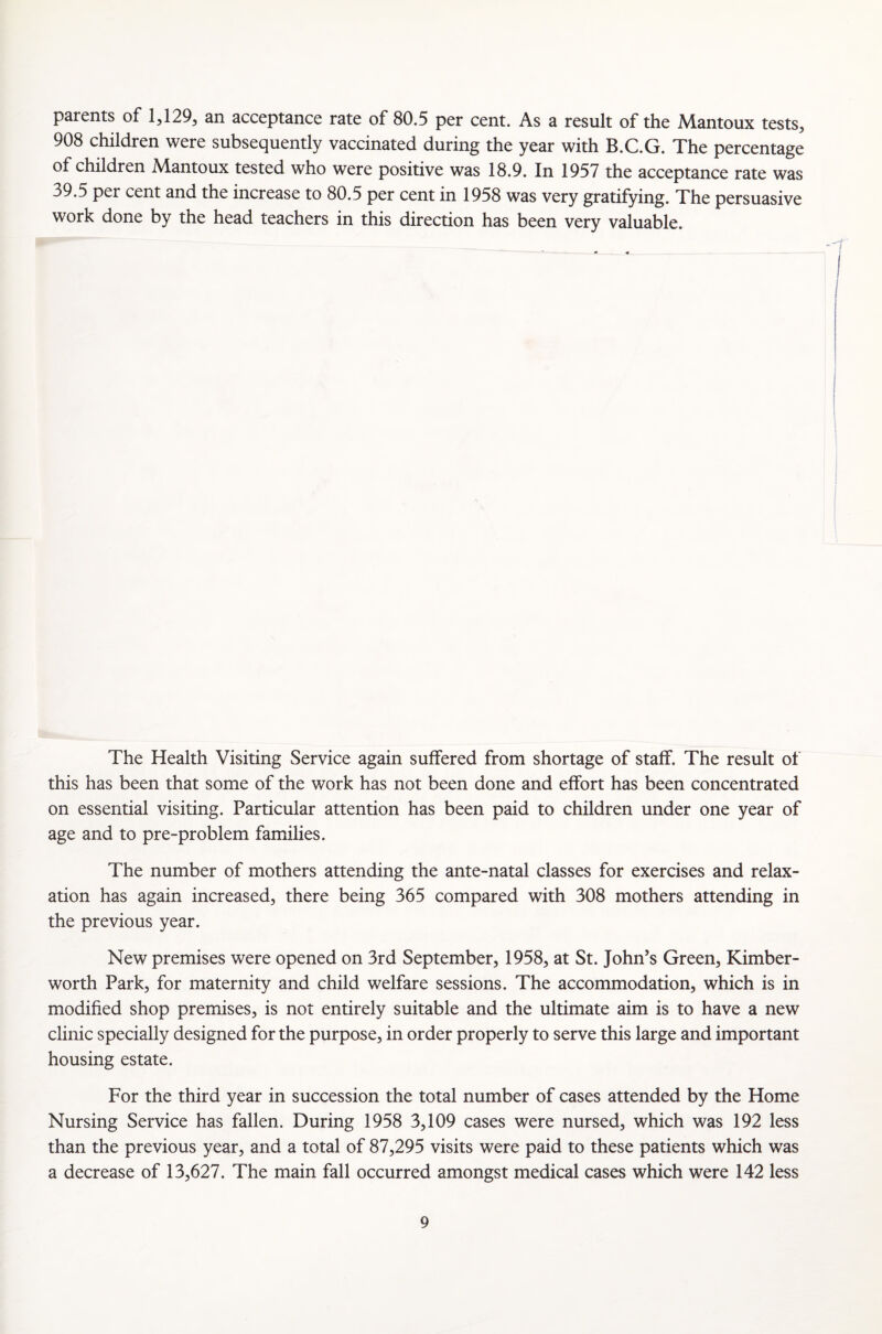parents of 1,129, an acceptance rate of 80.5 per cent. As a result of the Mantoux tests, 908 children were subsequently vaccinated during the year with B.C.G. The percentage of children Mantoux tested who were positive was 18.9. In 1957 the acceptance rate was 39.5 per cent and the increase to 80.5 per cent in 1958 was very gratifying. The persuasive work done by the head teachers in this direction has been very valuable. The Health Visiting Service again suffered from shortage of staff. The result of this has been that some of the work has not been done and effort has been concentrated on essential visiting. Particular attention has been paid to children under one year of age and to pre-problem families. The number of mothers attending the ante-natal classes for exercises and relax¬ ation has again increased, there being 365 compared with 308 mothers attending in the previous year. New premises were opened on 3rd September, 1958, at St. John’s Green, Kimber- worth Park, for maternity and child welfare sessions. The accommodation, which is in modified shop premises, is not entirely suitable and the ultimate aim is to have a new clinic specially designed for the purpose, in order properly to serve this large and important housing estate. For the third year in succession the total number of cases attended by the Home Nursing Service has fallen. During 1958 3,109 cases were nursed, which was 192 less than the previous year, and a total of 87,295 visits were paid to these patients which was a decrease of 13,627. The main fall occurred amongst medical cases which were 142 less