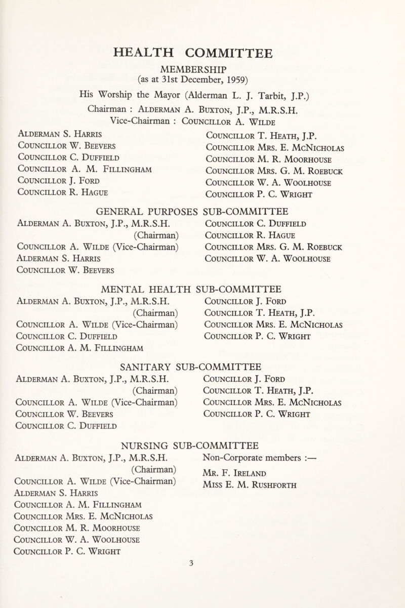 HEALTH COMMITTEE MEMBERSHIP (as at 31st December, 1959) His Worship the Mayor (Alderman L. J. Tarbit, J.P.) Chairman : Alderman A. Buxton, J.P., M.R.S.H. Vice-Chairman : Councillor A. Wilde Alderman S. Harris Councillor W. Beevers Councillor C. Duffield Councillor A. M. Fillingham Councillor J. Ford Councillor R. Hague Councillor T. Heath, J.P. Councillor Mrs. E. McNicholas Councillor M. R. Moorhouse Councillor Mrs. G. M. Roebuck Councillor W. A. Woolhouse Councillor P. C. Wright GENERAL PURPOSES SUB-COMMITTEE Alderman A. Buxton, J.P., M.R.S.H. (Chairman) Councillor A. Wilde (Vice-Chairman) Alderman S. Harris Councillor W. Beevers Councillor C. Duffield Councillor R. Hague Councillor Mrs. G. M. Roebuck Councillor W. A. Woolhouse MENTAL HEALTH SUB-COMMITTEE Alderman A. Buxton, J.P., M.R.S.H. (Chairman) Councillor A. Wilde (Vice-Chairman) Councillor C. Duffield Councillor A. M. Fillingham Councillor J. Ford Councillor T. Heath, J.P. Councillor Mrs. E. McNicholas Councillor P. C. Wright SANITARY SUB-COMMITTEE Alderman A. Buxton, J.P., M.R.S.H. (Chairman) Councillor A. Wilde (Vice-Chairman) Councillor W. Beevers Councillor C. Duffield Councillor J. Ford Councillor T. Heath, J.P. Councillor Mrs. E. McNicholas Councillor P. C. Wright NURSING SUB-COMMITTEE Alderman A. Buxton, J.P., M.R.S.H. Non-Corporate members :— (Chairman) ^ Ireland Councillor A. Wilde (Vice-Chairman) Miss E M Rushforth Alderman S. Harris Councillor A. M. Fillingham Councillor A4rs. E. McNicholas Councillor M. R. Moorhouse Councillor W. A. Woolhouse Councillor P. C. Wright