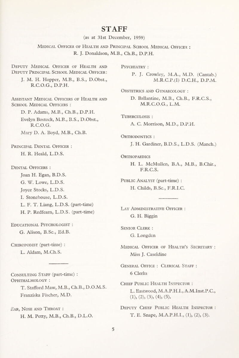 STAFF (as at 31st December, 1959) Medical Officer of He.alth and Principal School Medical Officer : R. J. Donaldson, M.B., Ch.B., D.P.H. Deputy Medical Officer of Health and Deputy Principal School Medical Officer: J. M. H. Hopper, M.B., B.S., D.Obst., R.C.O.G., D.P.H. Assistant Medical Officers of Healtfi and School Medical Officers : D. P. Adams, M.B., Ch.B., D.P.H. Evelyn Bostock, M.B., B.S., D.Obst., R.C.O.G. Mary D. A. Boyd, M.B., Ch.B. Principal Dental Officer : H. R. Heald, L.D.S. Dental Officers : Joan H. Egan, B.D.S. G. W. Lowe, L.D.S. Joyce Stocks, L.D.S. I. Stonehouse, L.D.S. L. F. T. Liang, L.D.S. (part-time) H. P. Redfearn, L.D.S. (part-time) Educational Psychologist : G. Alison, B.Sc., Ed.B. Chiropodist (part-time) : L. Aldam, M.Ch.S. Consulting Staff (part-time) : Ophthalmology : T. Stafford iViaw, M.B., Ch.B., D.O.M.S. Franziska Fischer, M.D. Ear, Nose and Throat : H. M. Petty, M.B., Ch.B., D.L.O. Psychiatry : P. J. Crowley, M.A., M.D. (Cantab.) M.R.C.P.(I) D.C.H., D.P.M. Obstetrics and Gynaecology : D. Ballantine, M.B., Ch.B., F.R.C.S., M.R.C.O.G., L.M. Tuberculosis : A. C. Morrison, M.D., D.P.H. Orthodontics : J. H. Gardiner, B.D.S., L.D.S. (Manch.) Orthopaedics H. L. McMullen, B.A., M.B., B.Chir., F.R.C.S. Public Analyst (part-time) : H. Childs, B.Sc., F.R.I.C. Lay Administrative Officer : G. H. Biggin Senior Clerk : G. Longden Medical Officer of Health’s Secretary : Miss J. Caseldine General Office : Clerical Staff : 6 Clerks Chief Public Health Inspector : L. Eastwood, M.A.P.H.L, A.M.Inst.P.C., (1), (2), (3), (4), (5). Deputy Chief Public Health Inspector : T. E. Snape, M.A.P.H.L, (1), (2), (3).