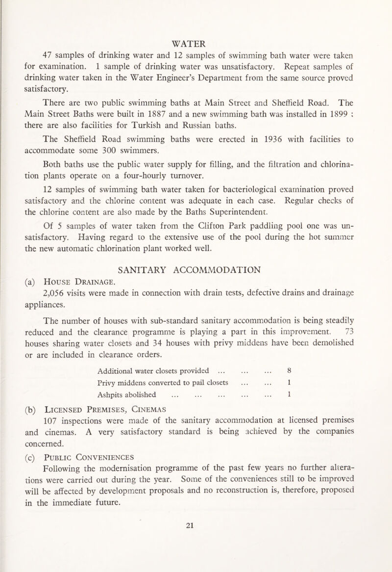 WATER 47 samples of drinking water and 12 samples of swimming bath water were taken for examination. 1 sample of drinking water was unsatisfactory. Repeat samples of drinking water taken in the Water Engineer’s Department from the same source proved satisfactory. There are two public swimming baths at Main Street and Sheffield Road. The Main Street Baths were built in 1887 and a new swimming bath was installed in 1899 : there are also facilities for Turkish and Russian baths. The Sheffield Road sv/imming baths were erected in 1936 with facilities to accommodate some 300 swimmers. Both baths use the public water supply for fillings and the filtration and chlorina¬ tion plants operate on a four-hourly turnover. 12 samples of swimming bath water taken for bacteriological examination proved satisfactory and the chlorine content was adequate in each case. Regular checks of the chlorine content are also made by the Baths Superintendent. Of 5 samples of water taken from the Clifton Park paddling pool one was un¬ satisfactory. Having regard to the extensive use of the pool during the hot summer the new automatic chlorination plant worked well. SANITARY ACCOMMODATION (a) House Drainage. 2^056 visits were made in connection with drain tests^ defective drains and drainage appliances. The number of houses vfith sub-standard sanitary accommodation is being steadily reduced and the clearance programme is playing a part in this improvement. 73 houses sharing v/ater closets and 34 houses with privy middens have been demolished or are included in clearance orders. Additional water closets provided ... ... ... 8 Privy middens converted to pail closets ... ... 1 Ashpits abolished ... ... ... ... ... 1 (b) Licensed Premises, Cinemas 107 inspections were made of the sanitary accommodation at licensed premises and cinemas. A very satisfactory standard is being achieved by the companies concerned. (c) Public Conveniences Following the modernisation programme of the past few years no further altera¬ tions were carried out during the year. Some of the conveniences still to be improved will be affected by development proposals and no reconstruction is, therefore, proposed in the immediate future.