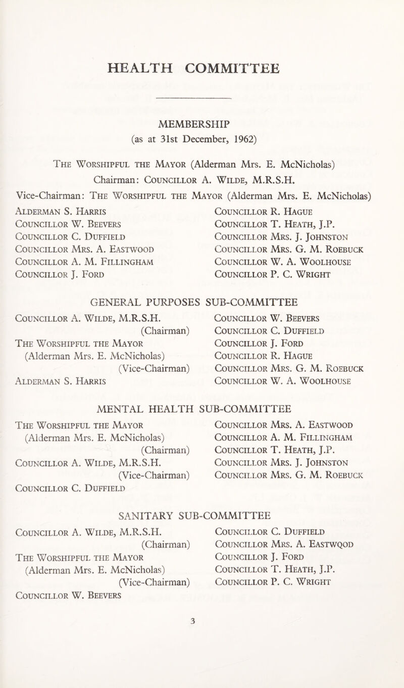 HEALTH COMMITTEE MEMBERSHIP (as at 31st December, 1962) The Worshipful the Mayor (Alderman Mrs. E. McNicholas) Chairman: Councillor A. Wilde, M.R.S.H. Vice-Chairman: The Worshipful the Mayor (Alderman Mrs. E. McNicholas) Alderman S. Harris Councillor W. Beevers Councillor C. Duffield Councillor Mrs. A. Eastwood Councillor A. M. Fillingham Councillor J. Ford Councillor R. Hague Councillor T. Heath, J.P. Councillor Mrs. J. Johnston Councillor Mrs. G. M. Roebuck Councillor W. A. Woolhouse Councillor P. C. Wright GENERAL PURPOSES Councillor A. Wilde, M.R.S.H. (Chairman) The Worshipful the Mayor (Alderman Mrs. E. McNicholas) (Vice-Chairman) Alderman S. Harris SUB-COMMITTEE Councillor W. Beevers Councillor C. Duffield Councillor J. Ford Councillor R. Hague Councillor Mrs. G. M. Roebuck Councillor W. A. Woolhouse MENTAL HEALTH The Worshipful the Mayor (Alderman Mrs. E. McNicholas) (Chairman) Councillor A. Wilde, M.R.S.H. (Vice-Chairman) Councillor C. Duffield SUB-COMMITTEE Councillor Mrs. A. Eastwood Councillor A. M. Fillingham Councillor T. Heath, J.P. Councillor Mrs. J. Johnston Councillor Mrs. G. M. Roebuck SANITARY SUB Councillor A. Wilde, M.R.S.H. (Chairman) The Worshipful the Mayor (Alderman Mrs. E. McNicholas) (Vice-Chairman) -COMMITTEE Councillor C. Duffield Councillor Mrs. A. Eastwqod Councillor J. Ford Councillor T. FIeath, J.P. Councillor P. C. Wright Councillor W. Beevers