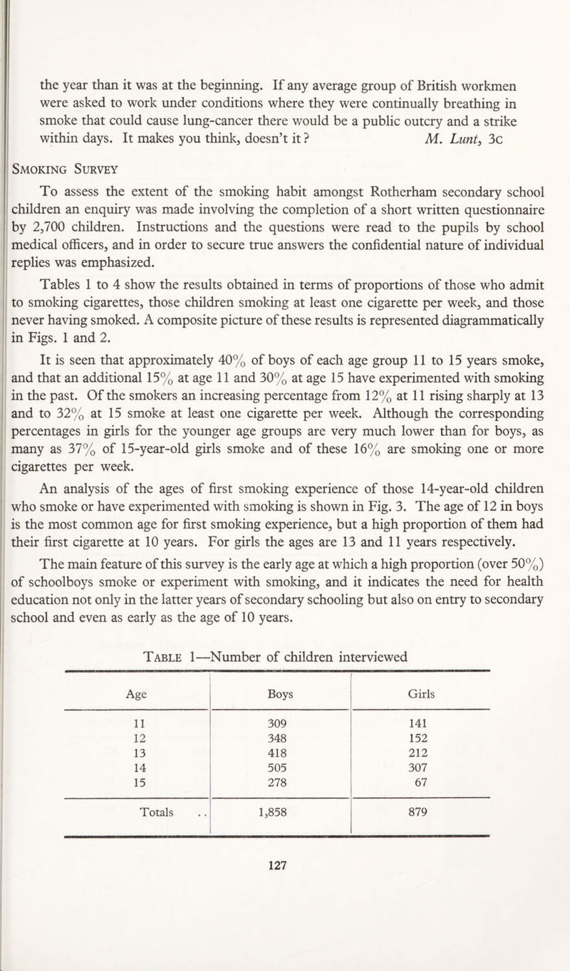 the year than it was at the beginning. If any average group of British workmen were asked to work under conditions where they were continually breathing in smoke that could cause lung-cancer there would be a public outcry and a strike within days. It makes you think, doesn’t it ? M. Lunty 3c Smoking Survey To assess the extent of the smoking habit amongst Rotherham secondary school children an enquiry was made involving the completion of a short written questionnaire by 2,700 children. Instructions and the questions were read to the pupils by school medical officers, and in order to secure true answers the confidential nature of individual replies was emphasized. Tables 1 to 4 show the results obtained in terms of proportions of those who admit to smoking cigarettes, those children smoking at least one cigarette per week, and those never having smoked. A composite picture of these results is represented diagrammatically in Figs. 1 and 2. It is seen that approximately 40% of boys of each age group 11 to 15 years smoke, and that an additional 15% at age 11 and 30% at age 15 have experimented with smoking in the past. Of the smokers an increasing percentage from 12% at 11 rising sharply at 13 and to 32% at 15 smoke at least one cigarette per week. Although the corresponding percentages in girls for the younger age groups are very much lower than for boys, as many as 37% of 15-year-old girls smoke and of these 16% are smoking one or more cigarettes per week. An analysis of the ages of first smoking experience of those 14-year-old children who smoke or have experimented with smoking is shown in Fig. 3. The age of 12 in boys is the most common age for first smoking experience, but a high proportion of them had their first cigarette at 10 years. For girls the ages are 13 and 11 years respectively. The main feature of this survey is the early age at which a high proportion (over 50%) of schoolboys smoke or experiment with smoking, and it indicates the need for health education not only in the latter years of secondary schooling but also on entry to secondary school and even as early as the age of 10 years. Table 1—Number of children interviewed Age Boys Girls 11 309 141 12 348 152 13 418 212 14 505 307 15 278 67 Totals 1,858 879
