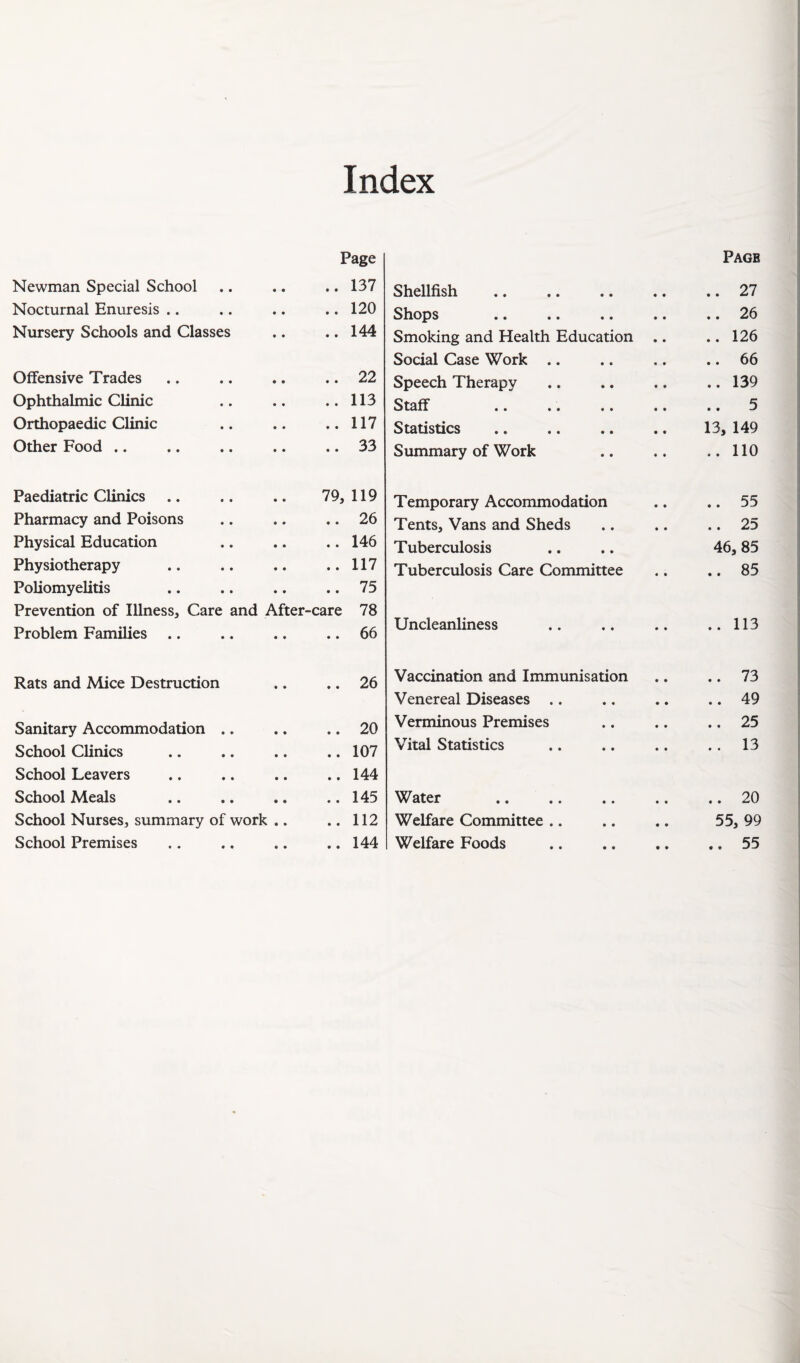 Page Page Newman Special School • • 137 Shellfish • • • • .. 27 Nocturnal Enuresis .. • • 120 Shops • • • • .. 26 Nursery Schools and Classes • • 144 Smoking and Health Education • • .. 126 Social Case Work .. • • • • .. 66 Offensive Trades • • 22 Speech Therapy • • • • .. 139 Ophthalmic Clinic « • 113 Staff • • • • .. 5 Orthopaedic Clinic • • 117 Statistics • • • • 13, 149 Other Food .. • • 33 Summary of Work • • « • .. no Paediatric Clinics 79, 119 Temporary Accommodation • • .. 55 Pharmacy and Poisons • • 26 Tents, Vans and Sheds • • • • .. 25 Physical Education • • 146 Tuberculosis • • 46, 85 Physiotherapy • • 117 Tuberculosis Care Committee • • .. 85 Poliomyelitis • • 75 Prevention of Illness, Care and After-care 78 Problem Families .. • • 66 Uncleanliness • • • • .. 113 Rats and Mice Destruction • • 26 Vaccination and Immunisation • • .. 73 Venereal Diseases .. • • • • .. 49 Sanitary Accommodation .. • • 20 Verminous Premises • • • • .. 25 School Clinics • • 107 Vital Statistics • • « • .. 13 School Leavers • • 144 School Meals • • 145 Water • » • • .. 20 School Nurses, summary of work .. • • 112 Welfare Committee .. • • • • 55, 99 School Premises • • 144 Welfare Foods • • • • .. 55