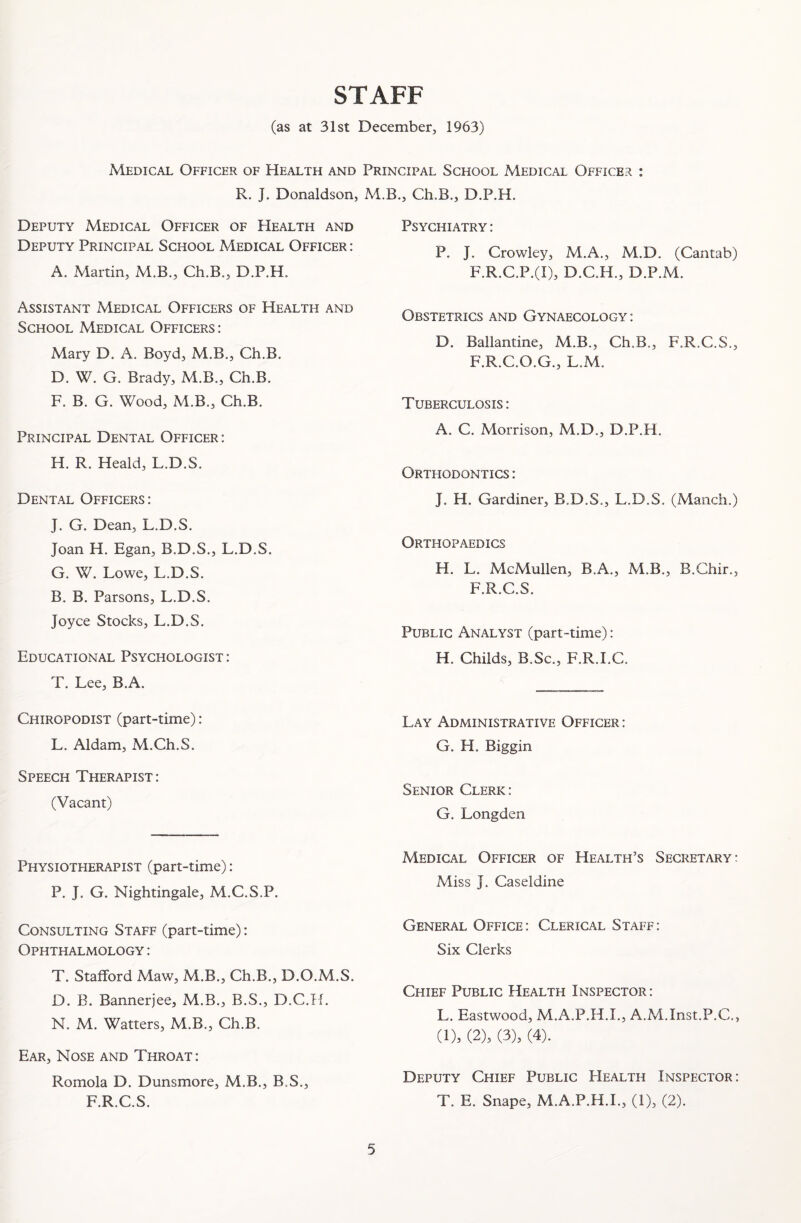 STAFF (as at 31st December, 1963) Medical Officer of Health and Principal School Medical Officer : R. J. Donaldson, M.B., Ch.B., D.P.H. Deputy Medical Officer of Health and Deputy Principal School Medical Officer : A. Martin, M.B., Ch.B., D.P.H. Assistant Medical Officers of Health and School Medical Officers: Mary D. A. Boyd, M.B., Ch.B. D. W. G. Brady, M.B., Ch.B. F. B. G. Wood, M.B., Ch.B. Principal Dental Officer: H. R. Heald, L.D.S. Dental Officers: J. G. Dean, L.D.S. Joan H. Egan, B.D.S., L.D.S. G. W. Lowe, L.D.S. B. B. Parsons, L.D.S. Joyce Stocks, L.D.S. Educational Psychologist : T. Lee, B.A. Chiropodist (part-time): L. Aldam, M.Ch.S. Speech Therapist: (Vacant) Physiotherapist (part-time): P. J. G. Nightingale, M.C.S.P. Consulting Staff (part-time): Ophthalmology : T. Stafford Maw, M.B., Ch.B., D.O.M.S. D. B. Bannerjee, M.B., B.S., D.C.H. N. M. Watters, M.B., Ch.B. Ear, Nose and Throat: Romola D. Dunsmore, M.B., B.S., F.R.C.S. Psychiatry : P. J. Crowley, M.A., M.D. (Cantab) F.R.C.P.(I), D.C.H., D.P.M. Obstetrics and Gynaecology : D. Ballantine, M.B., Ch.B., F.R.C.S., F.R.C.O.G., L.M. Tuberculosis: A. C. Morrison, M.D., D.P.H. Orthodontics : J. H. Gardiner, B.D.S., L.D.S. (Manch.) Orthopaedics H. L. McMullen, B.A., M.B., B.Chir., F.R.C.S. Public Analyst (part-time): H. Childs, B.Sc., F.R.LC. Lay Administrative Officer : G. H. Biggin Senior Clerk: G. Longden Medical Officer of Health’s Secretary: Miss J. Caseldine General Office: Clerical Staff: Six Clerks Chief Public Health Inspector: L. Eastwood, M.A.P.H.I., A.M.Inst.P.C., (1), (2), (3), (4). Deputy Chief Public PIealth Inspector: T. E. Snape, M.A.P.H.I., (I), (2).