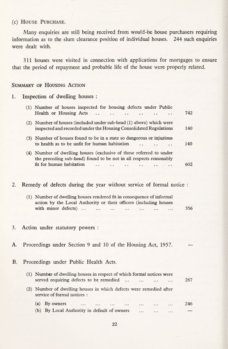 (c) House Purchase. Many enquiries are still being received from would-be house purchasers requiring information as to the slum clearance position of individual houses. 244 such enquiries were dealt with. 311 houses were visited in connection with applications for mortgages to ensure that the period of repayment and probable life of the house were properly related. Summary of Housing Action 1. Inspection of dwelling houses : (1) Number of houses inspected for housing defects under Public Health or Housing Acts .. .. .. .. .. .. 742 (2) Number of houses (included under sub-head (1) above) which were inspected and recorded under the Housing Consolidated Regulations 140 (3) Number of houses found to be in a state so dangerous or injurious to health as to be unfit for human habitation .. .. .. 140 (4) Number of dwelling houses (exclusive of those referred to under the preceding sub-head) found to be not in all respects reasonably fit for human habitation .. .. .. .. .. .. 602 2. Remedy of defects during the year without service of formal notice : (1) Number of dwelling houses rendered fit in consequence of informal action by the Local Authority or their officers (including houses with minor defects) ... ... ... ... ... ... ... 356 3. Action under statutory powers : A. Proceedings under Section 9 and 10 of the Housing Act, 1957. — B. Proceedings under Public Health Acts. (1) Number of dwelling houses in respect of which formal notices were served requiring defects to be remedied ... ... ... ... 287 (2) Number of dwelling houses in which defects were remedied after service of formal notices : (a) By owners . 246 (b) By Local Authority in default of owners ... ... ... —