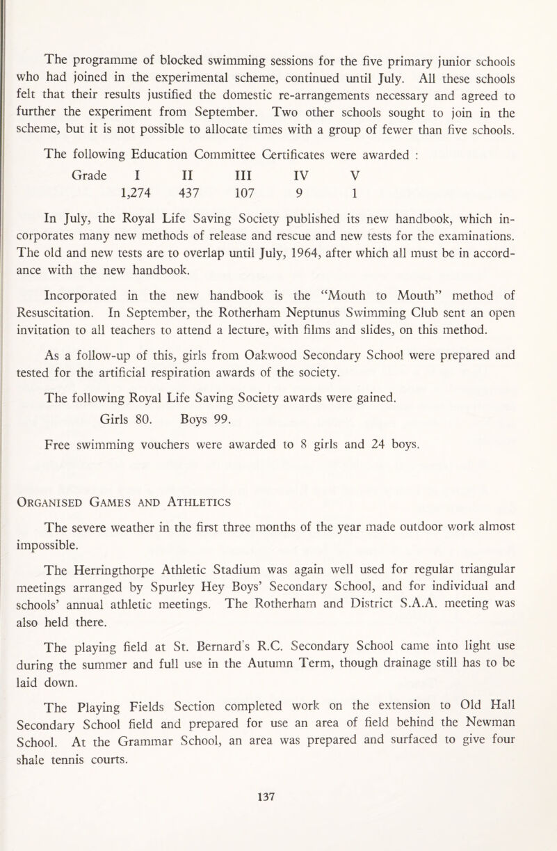 The programme of blocked swimming sessions for the five primary junior schools who had joined in the experimental scheme, continued until July. All these schools felt that their results justified the domestic re-arrangements necessary and agreed to further the experiment from September. Two other schools sought to join in the scheme, but it is not possible to allocate times with a group of fewer than five schools. The following Education Committee Certificates were awarded : Grade I II III IV V 1,274 437 107 9 1 In July, the Royal Life Saving Society published its new handbook, which in¬ corporates many new methods of release and rescue and new tests for the examinations. The old and new tests are to overlap until July, 1964, after which all must be in accord¬ ance with the new handbook. Incorporated in the new handbook is the “Mouth to Mouth” method of Resuscitation. In September, the Rotherham Neptunus Swimming Club sent an open invitation to all teachers to attend a lecture, with films and slides, on this method. As a follow-up of this, girls from Oakwood Secondary School were prepared and tested for the artificial respiration awards of the society. The following Royal Life Saving Society awards were gained. Girls 80. Boys 99. Free swimming vouchers were awarded to 8 girls and 24 boys. Organised Games and Athletics The severe weather in the first three months of the year made outdoor work almost impossible. The Herringthorpe Athletic Stadium was again well used for regular triangular meetings arranged by Spurley Hey Boys’ Secondary School, and for individual and schools’ annual athletic meetings. The Rotherham and District S.A.A. meeting was also held there. The playing field at St. Bernard’s R.C. Secondary School came into light use during the summer and full use in the Autumn Term, though drainage still has to be laid down. The Playing Fields Section completed work on the extension to Old Flail Secondary School field and prepared for use an area of field behind the Newman School. At the Grammar School, an area was prepared and surfaced to give four shale tennis courts.